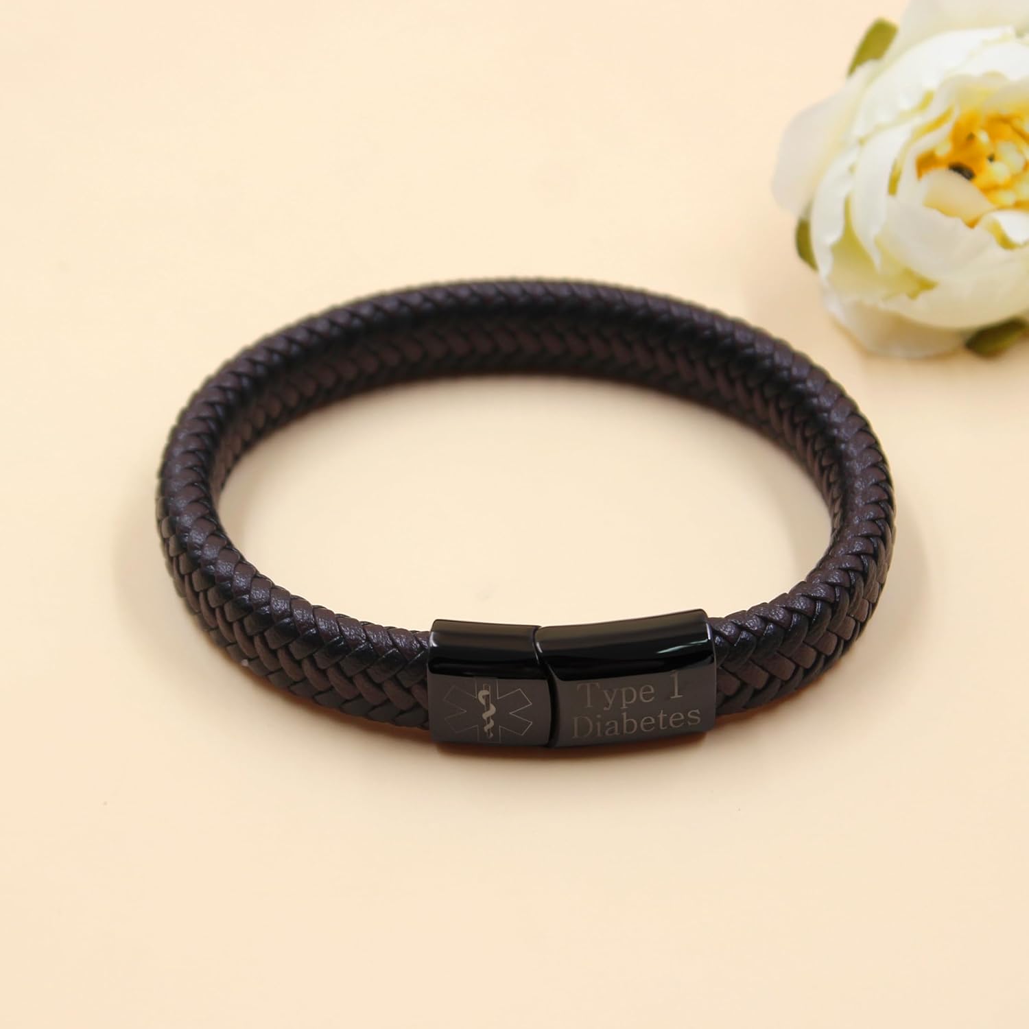 Medical Alert Cuff Bracelet for Men and Women, Black Stainless Steel Clasp Emergency ID Wristband, PU Leather Health Information Band YA5551