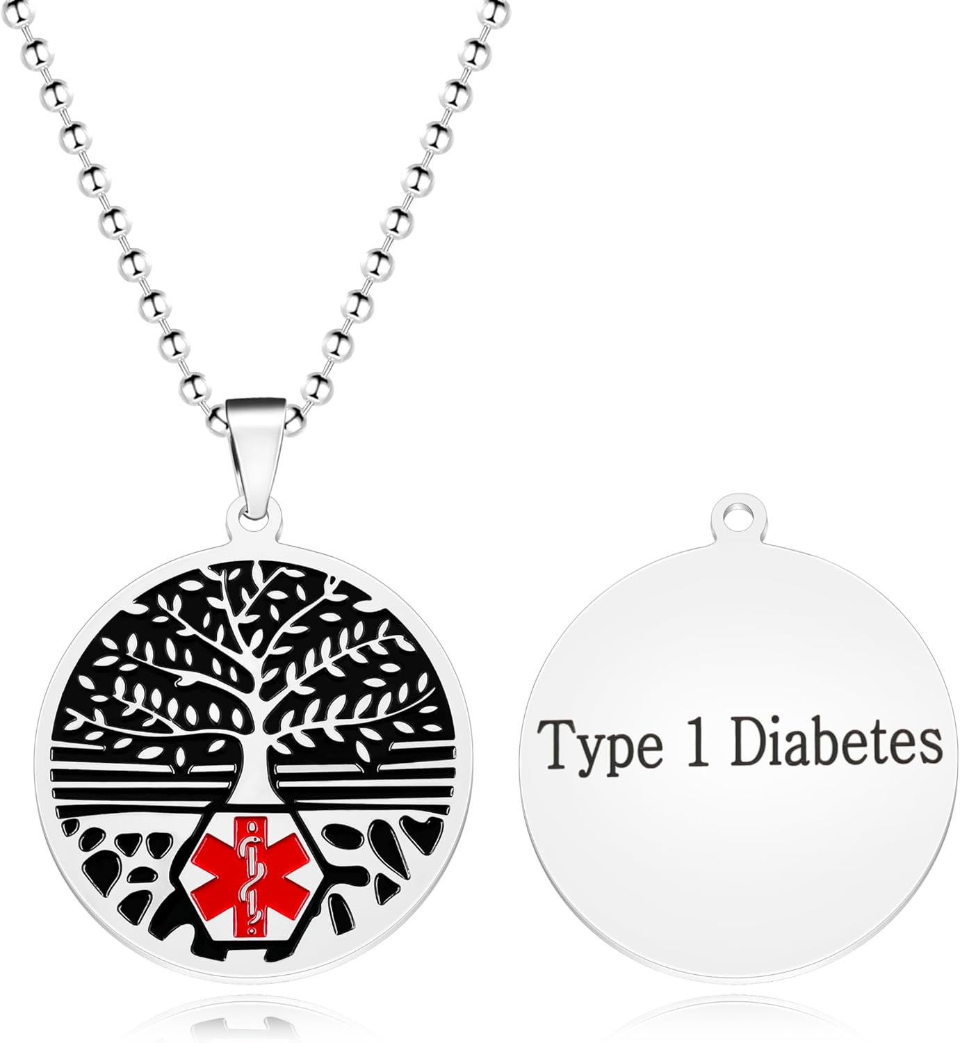 Red Medical Symbol ID Necklace, Custom Emergency Info Pendant, Stainless Steel Life Tree Medical Jewelry, Personalized Health Alert for Women YA5053
