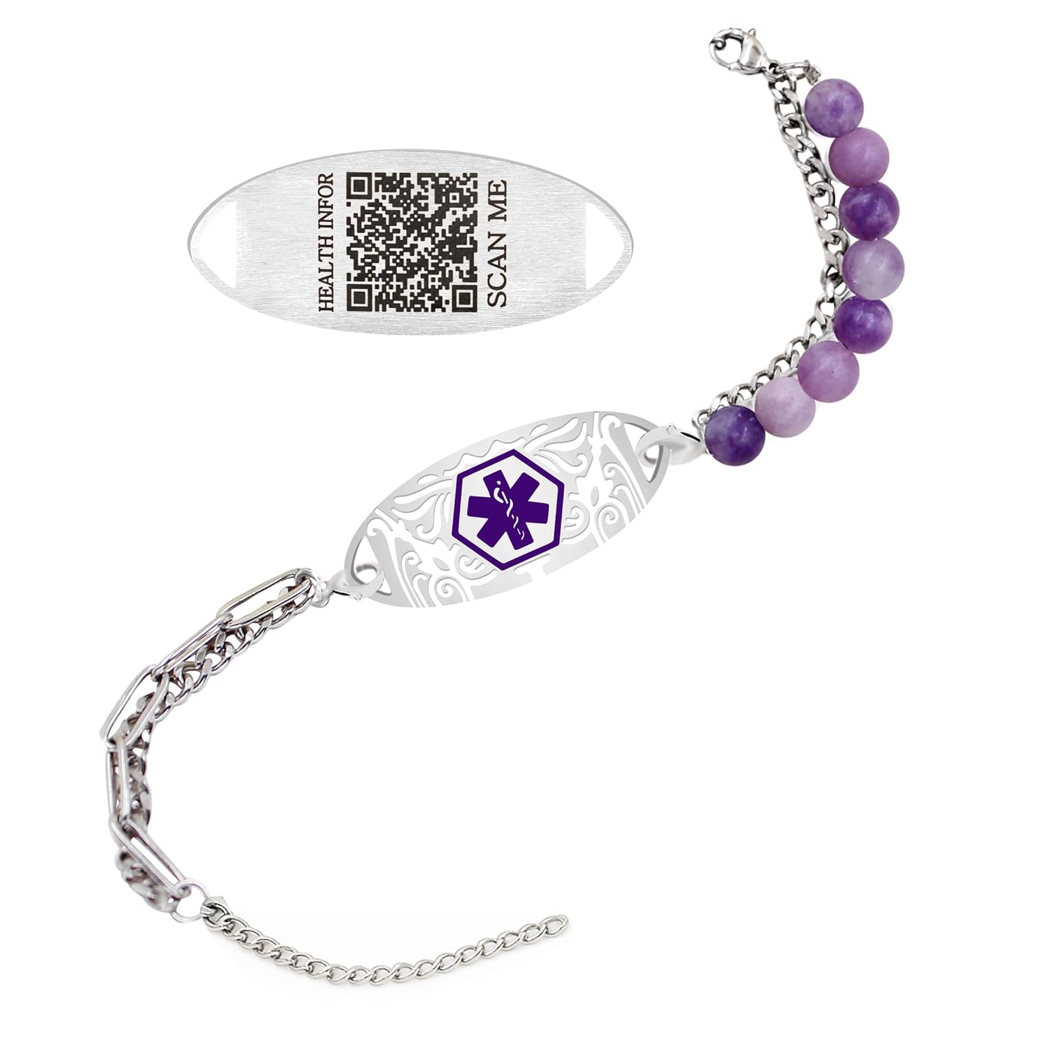 Customized Engraving Grey Map Jasper Double-Strand Medical Alert Bracelet | Stainless Steel Interchangeable Lobster Clasp | Caduceus & Star of Life EMS Bracelets for Seniors & Allergies