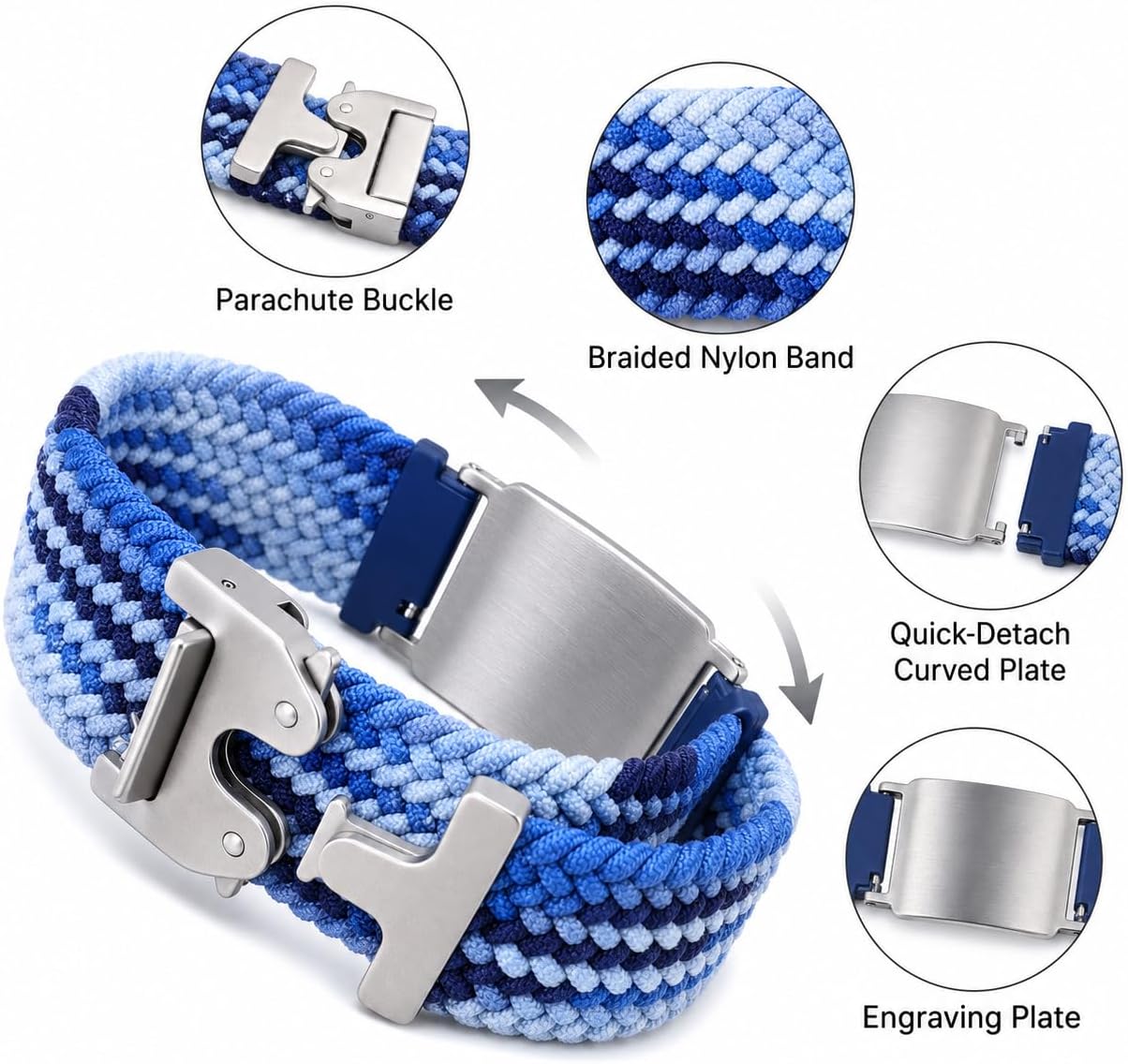 Uloveido Personalized Nylon Medical ID Bracelet with Laser-Engraved Medical Alert Tag and Dynamic QR Code, Braided Elastic Watch Band with Secure Parachute-Style Buckle, 20mm Adjustable for Men
