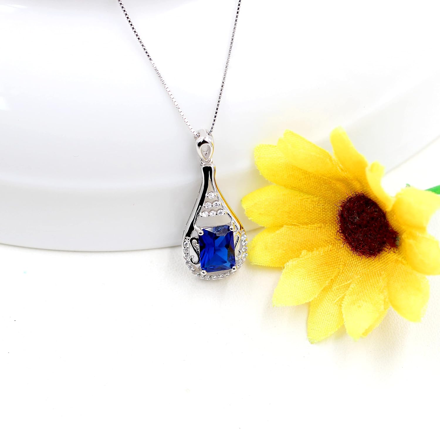 Uloveido September Birthstone Blue Corundum Sapphire Necklace Pendant Sterling Silver for Women with Cubic Zirconia