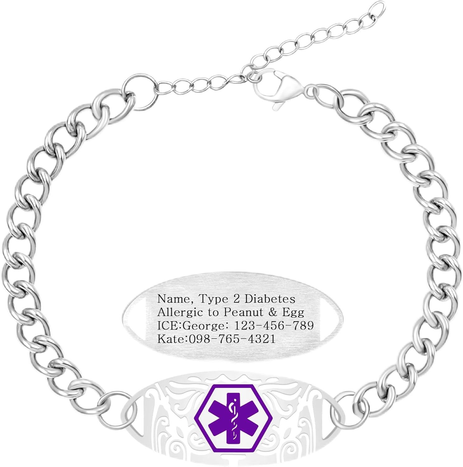 Uloveido Custom Medical ID Stainless Steel Curb Link Chain Bracelet for Men and Women – Personalized Engraved Emergency Alert Health Information Jewelry