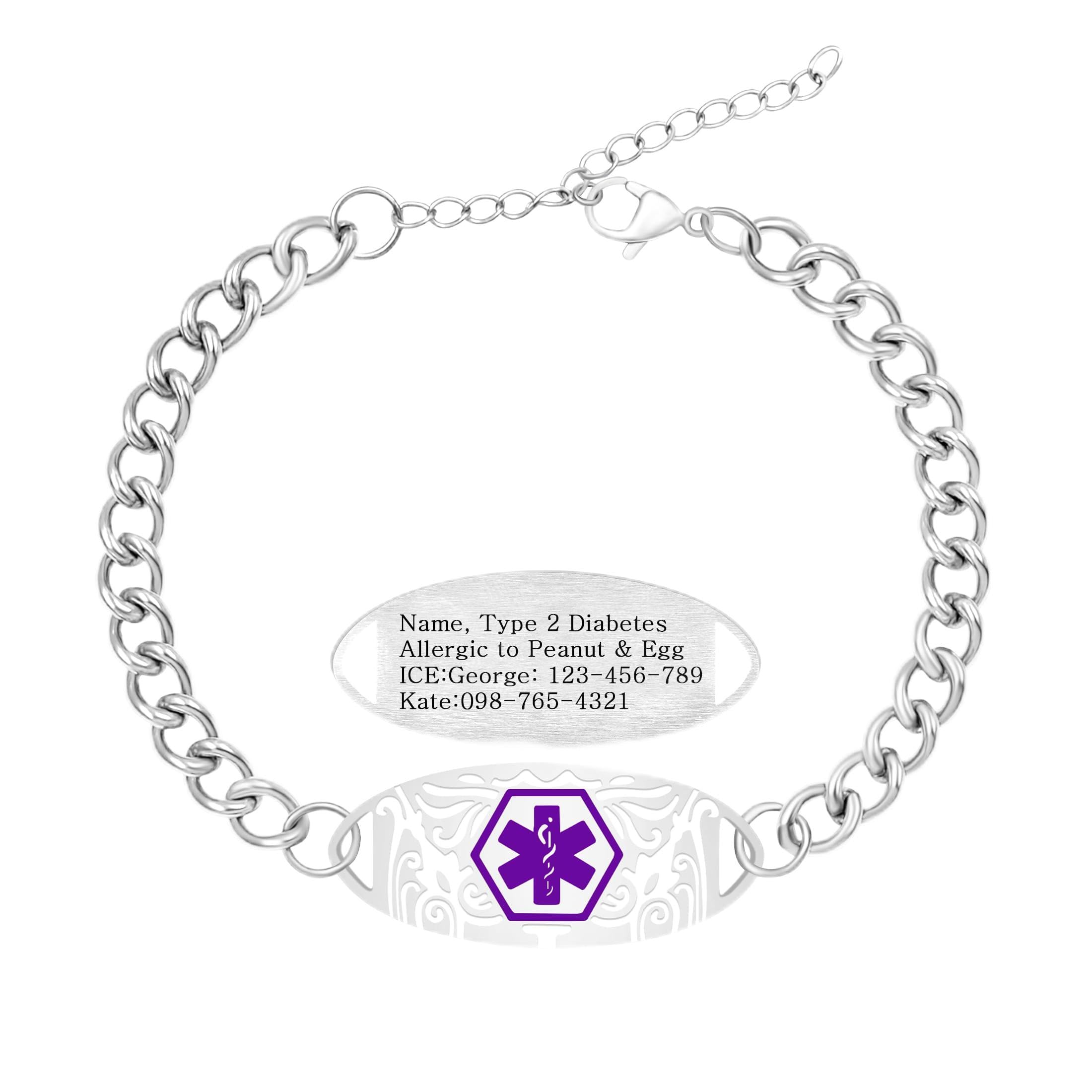 Uloveido Custom Medical ID Bracelet for Men Women | Personalized Engraved Stainless Steel Curb Link Chain Bracelet | Emergency Alert Health Information Jewelry Adjustable 20-25cm