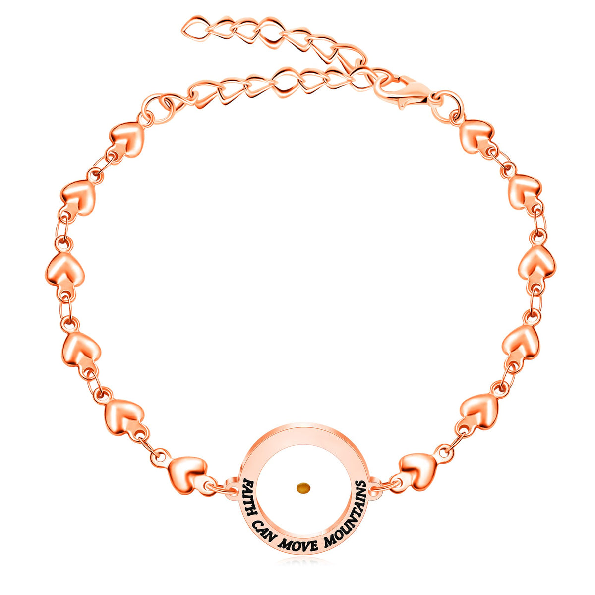 Rose Gold Stainless Steel Faith Can Move Mountains Bracelet with Heart Link Chain, Mustard Seed Charm Inspirational Jewelry