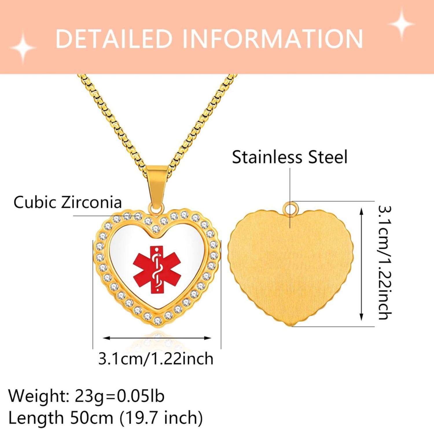 Uloveido Free Engraving Medical Alert Necklace – Heart-Shaped Gold-Plated Pendant with Zircon Accents, Custom Medical ID Jewelry, Allergy-Safe 50cm Chain, Unisex for Seniors, Sports, and Active Lifestyle