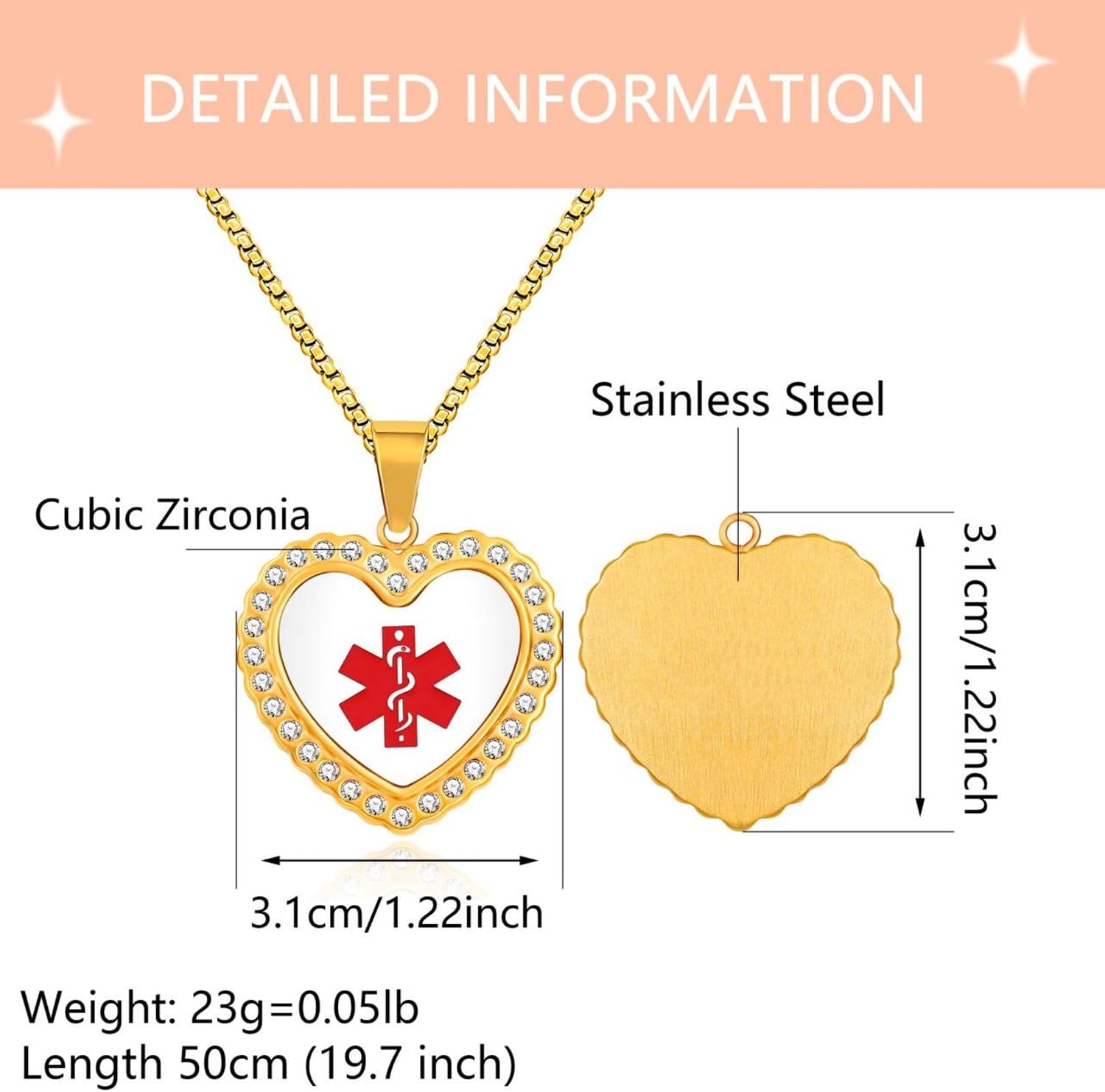 Custom Engraved Medical Alert Necklace Heart Pendant Stainless Steel Gold Plated Personalized Engraved Jewelry for Women