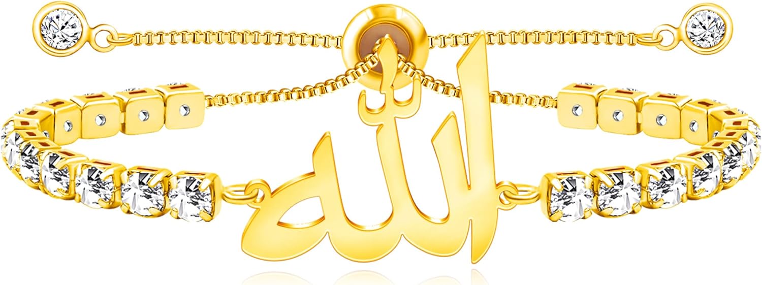 Arabic Allah Script Cubic Zirconia Tennis Bracelet for Women Stainless Steel Adjustable Islamic Faith Jewelry Sparkling Muslim Bracelet Elegant Religious Gift for Mom Wife Sister Daughter Ramadan Eid
