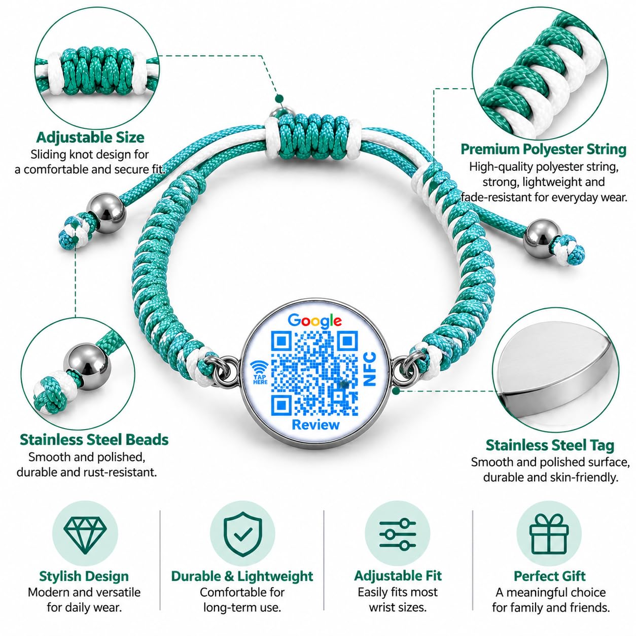 Uloveido NFC QR Bracelet for Google Reviews, Staff Review Wristband