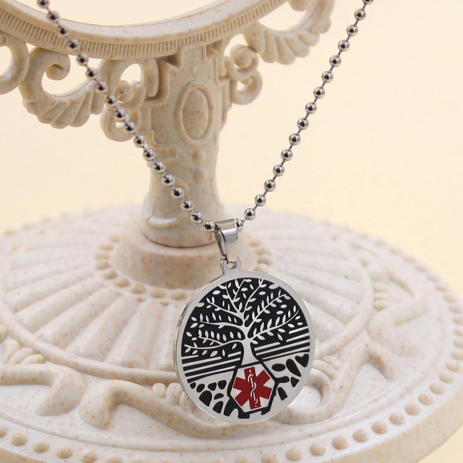 Red Medical Symbol ID Necklace, Custom Emergency Info Pendant, Stainless Steel Life Tree Medical Jewelry, Personalized Health Alert for Women YA5053
