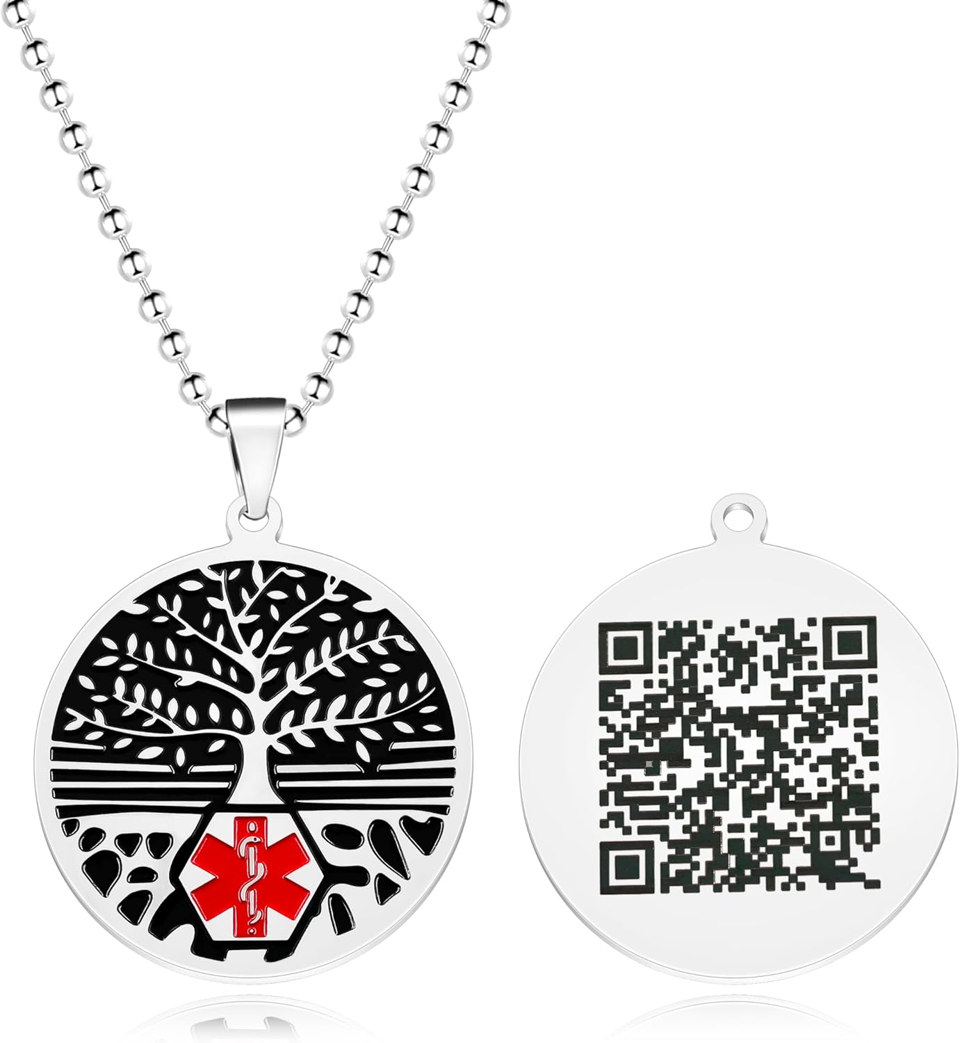 Red Medical Symbol ID Necklace, Custom Emergency Info Pendant, Stainless Steel Life Tree Medical Jewelry, Personalized Health Alert for Women YA5053