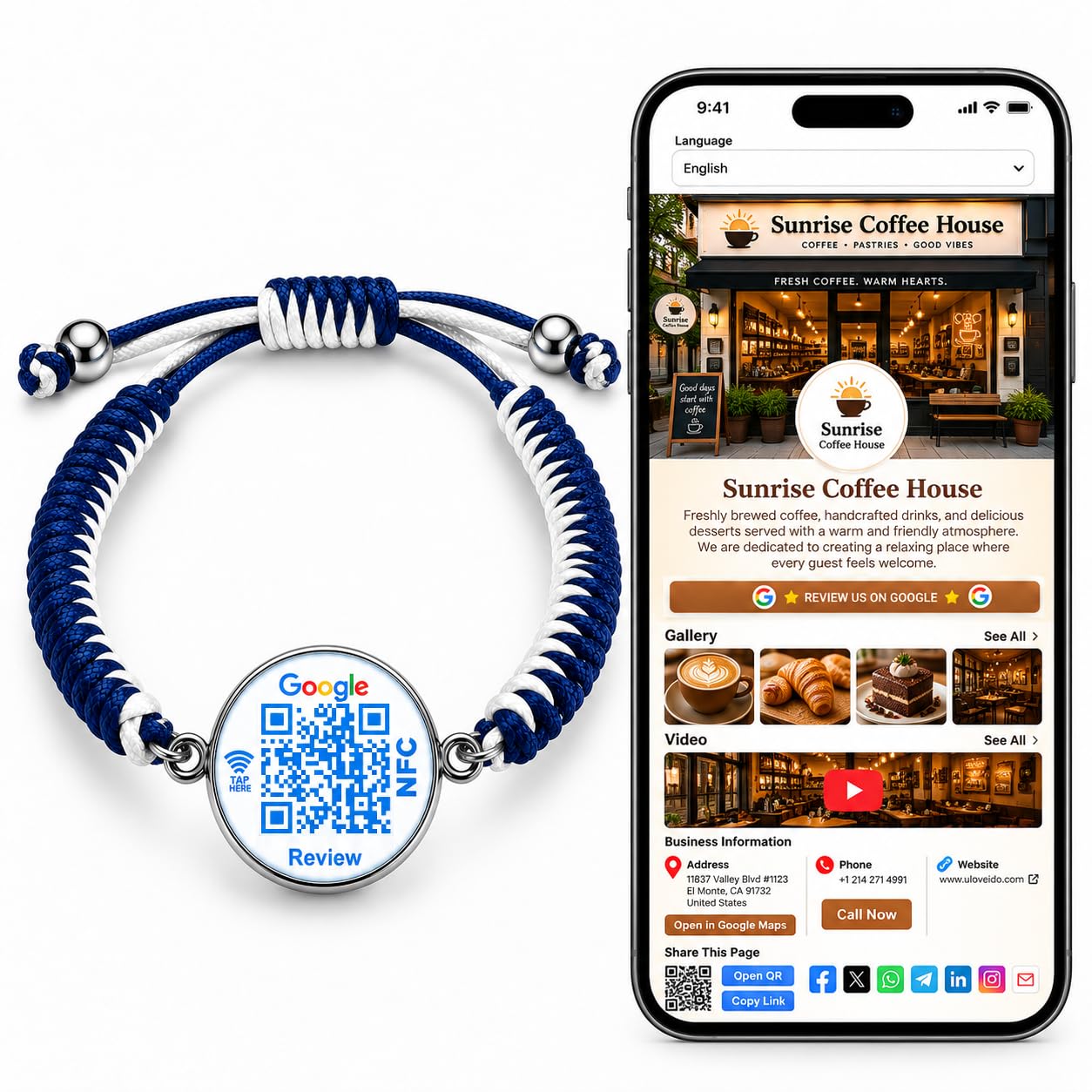 Uloveido NFC QR Bracelet for Google Reviews, Staff Review Wristband