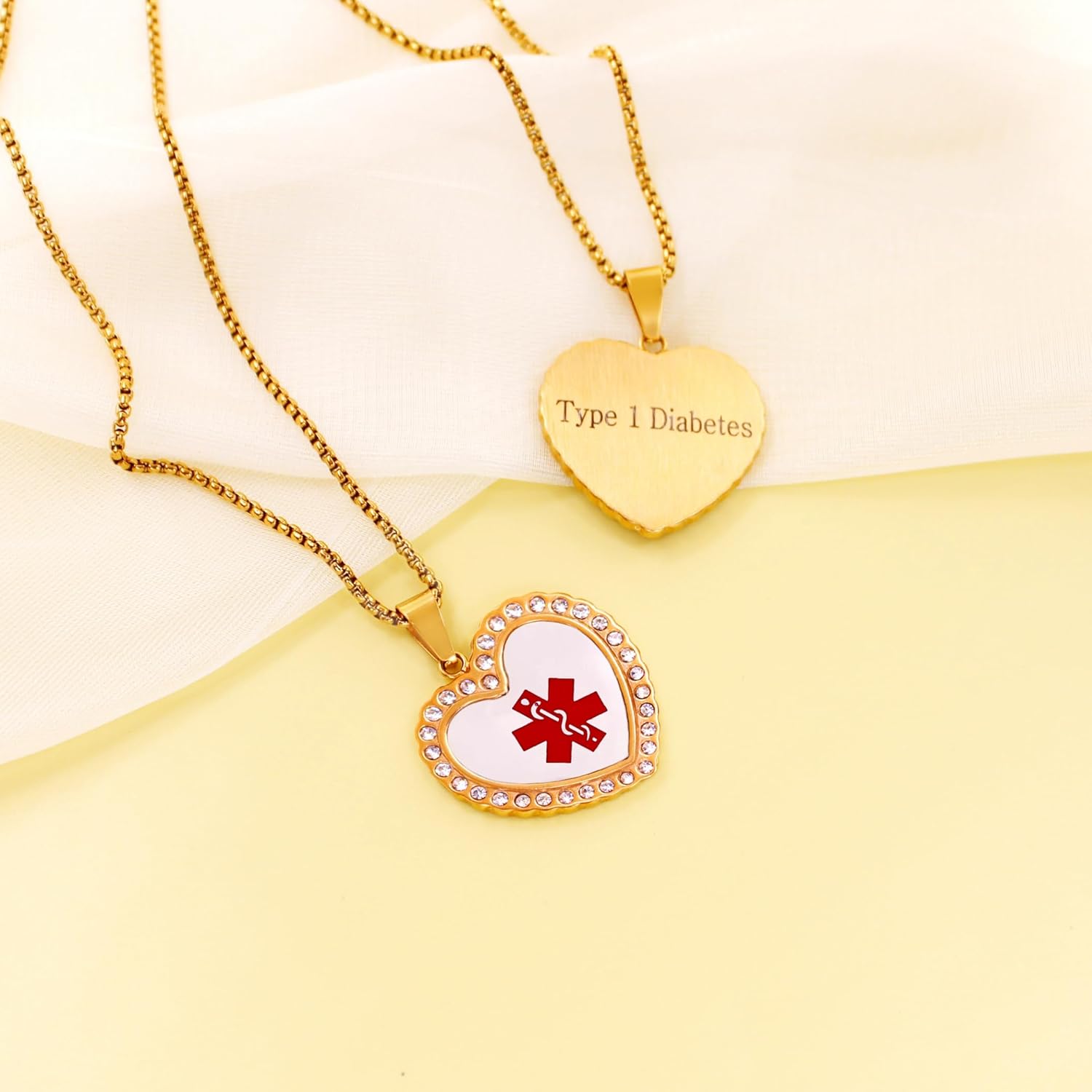 Uloveido Free Engraving Medical Alert Necklace – Heart-Shaped Gold-Plated Pendant with Zircon Accents, Custom Medical ID Jewelry, Allergy-Safe 50cm Chain, Unisex for Seniors, Sports, and Active Lifestyle