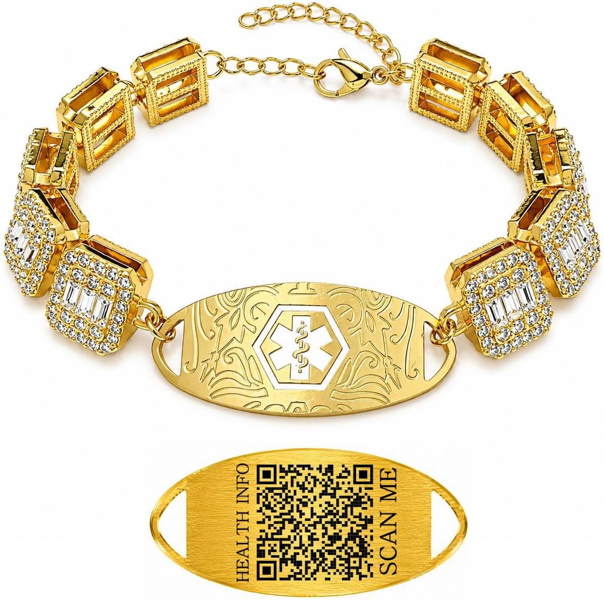 Rhinestone Medical ID Bracelet for Women, Luxury Square Link Chain Bracelet with Stainless Steel ID Plate, Custom Engraving or QR Code Emergency Information Jewelry, Adjustable Safety Bracelet
