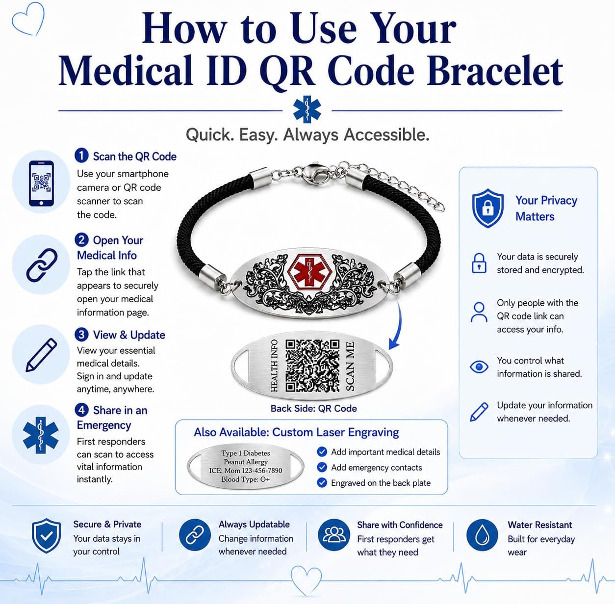 Medical Alert Bracelet with Dynamic QR Code or Custom Laser Engraving | Personalized Medical ID Bracelet | Emergency Medical Jewelry for Health Conditions | Stainless Steel Rope Chain