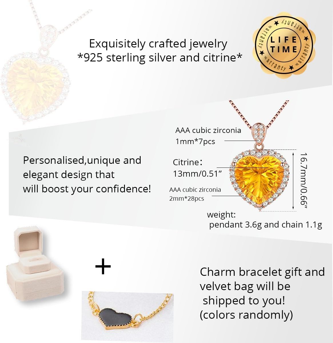 925 Sterling Silver Natural Citrine Necklace, Heart-Shape Gemstone, Platinum Plated, November Birthstone Pendant