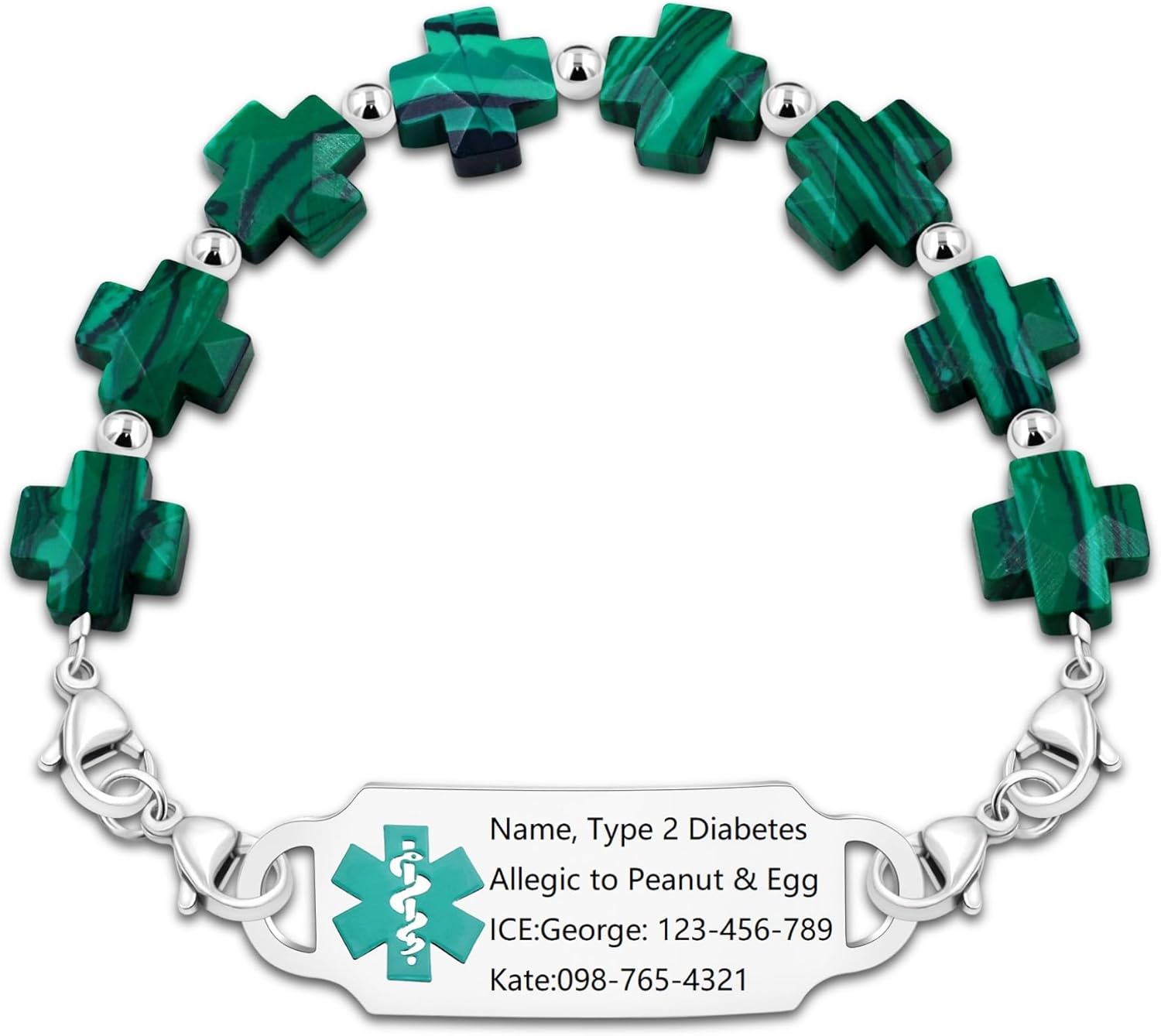 Customized Stainless Steel Medical Alert First Responder ID Tag Bracelet | Double Lobster Clasp Natural Greek Cross Stone Hospital Rescue Bracelet with Rod of Asclepius for Life-Saving