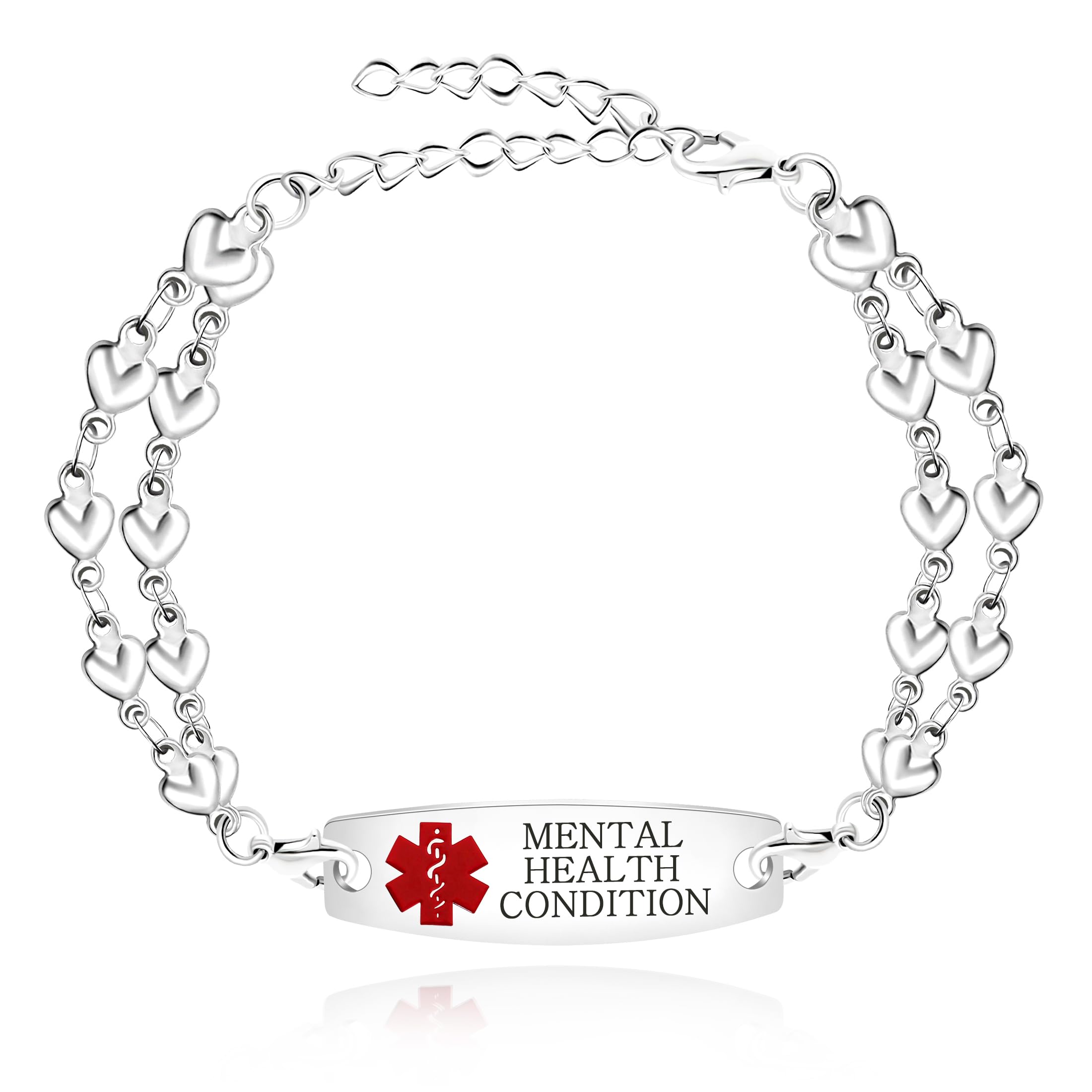 Uloveido Heart Medical ID Bracelet for Women, Double Chain Stainless Steel Emergency Info Wristband, Dynamic QR Code or Personalized Engraving, Adjustable Safety Jewelry for Daily Wear