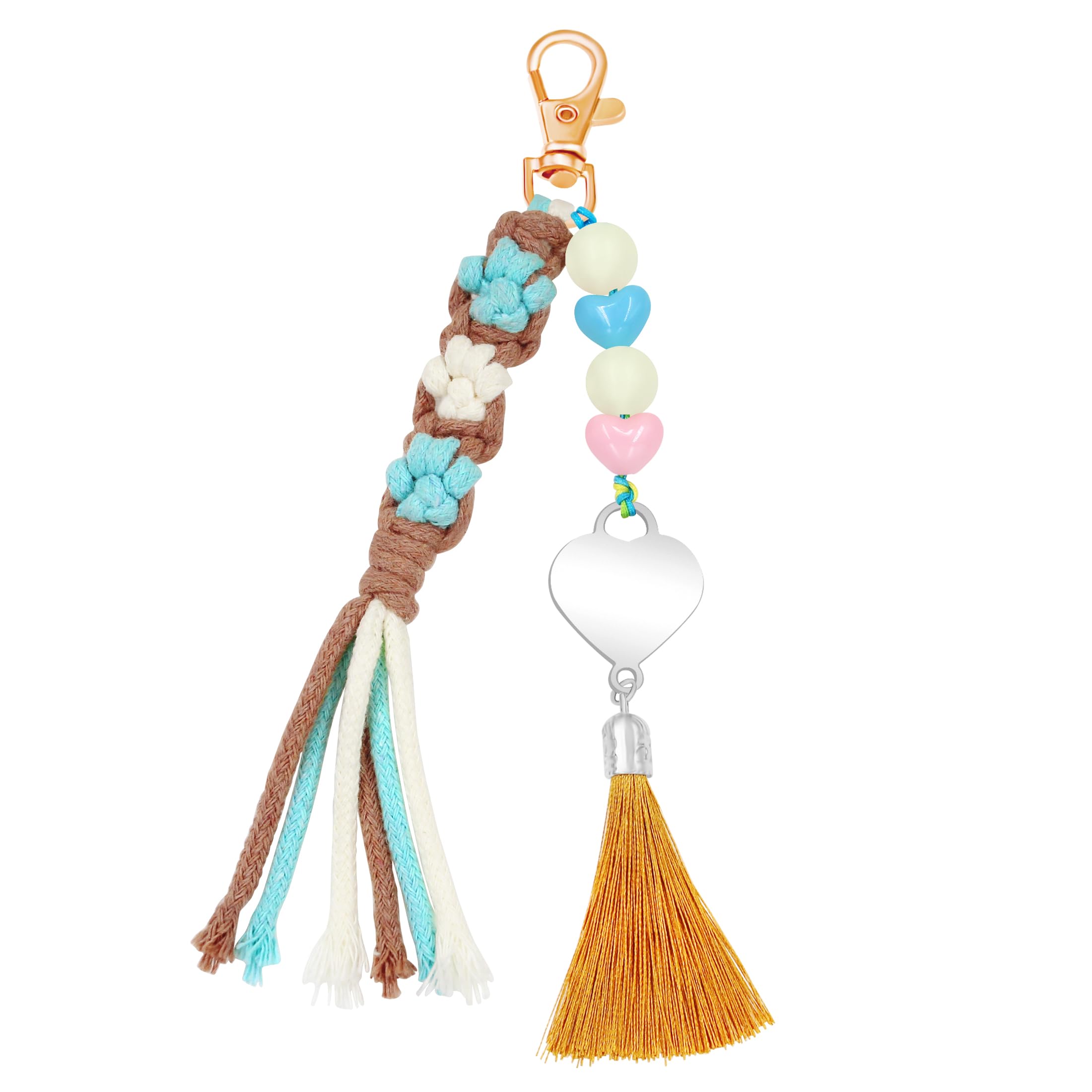 Handmade Flower Tassel Keychain Charm Boho Woven Floral Bag Pendant with Heart Beads for Women