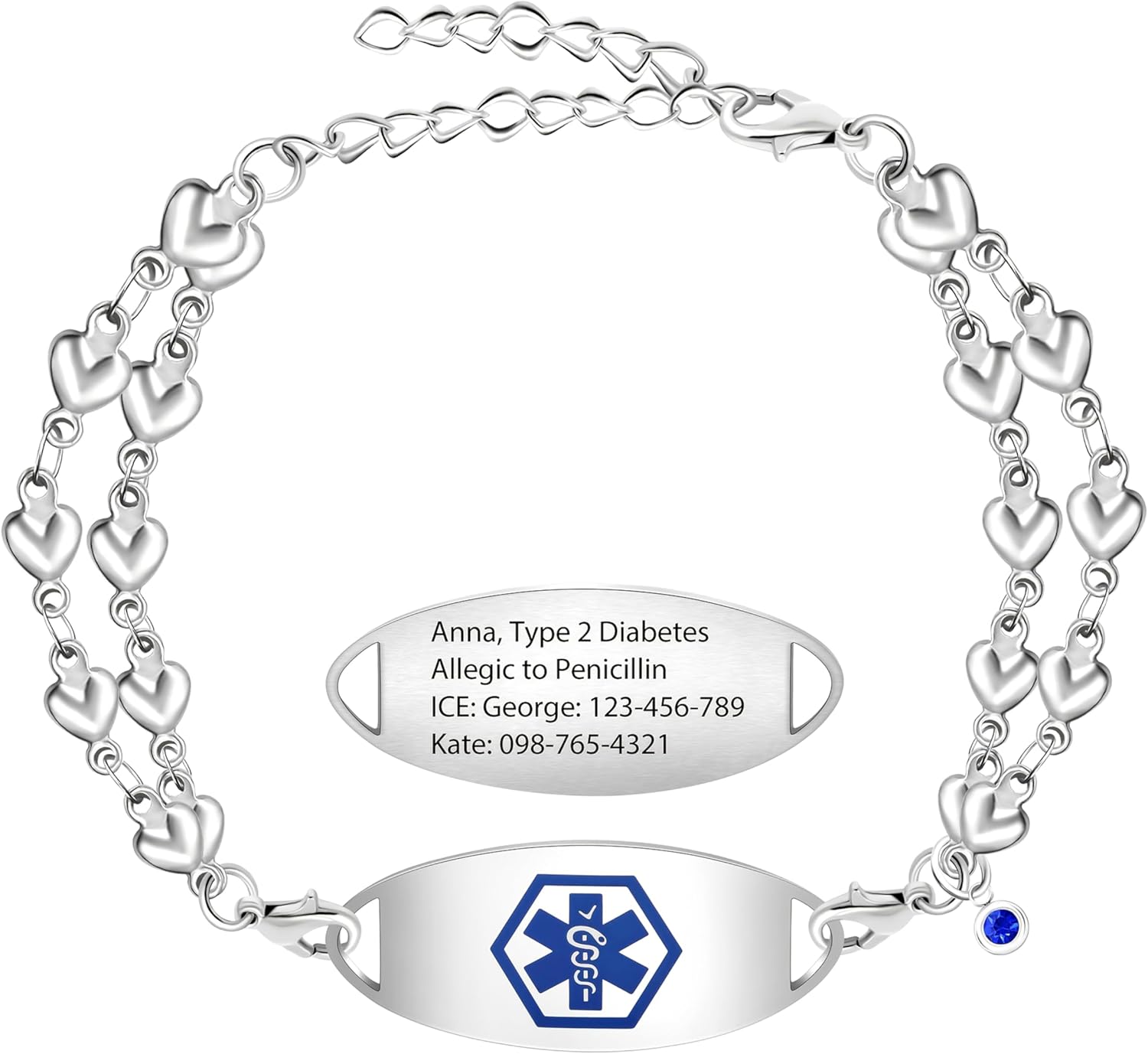 Uloveido Double Love Heart Link Bracelet - Personalized Engraved Medical Alert Jewelry for Blood Disorder, Epilepsy, Diabetes, Asthma, Mental Health, Allergy, and More