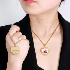 Uloveido Free Engraving Medical Alert Necklace – Heart-Shaped Gold-Plated Pendant with Zircon Accents, Custom Medical ID Jewelry, Allergy-Safe 50cm Chain, Unisex for Seniors, Sports, and Active Lifestyle