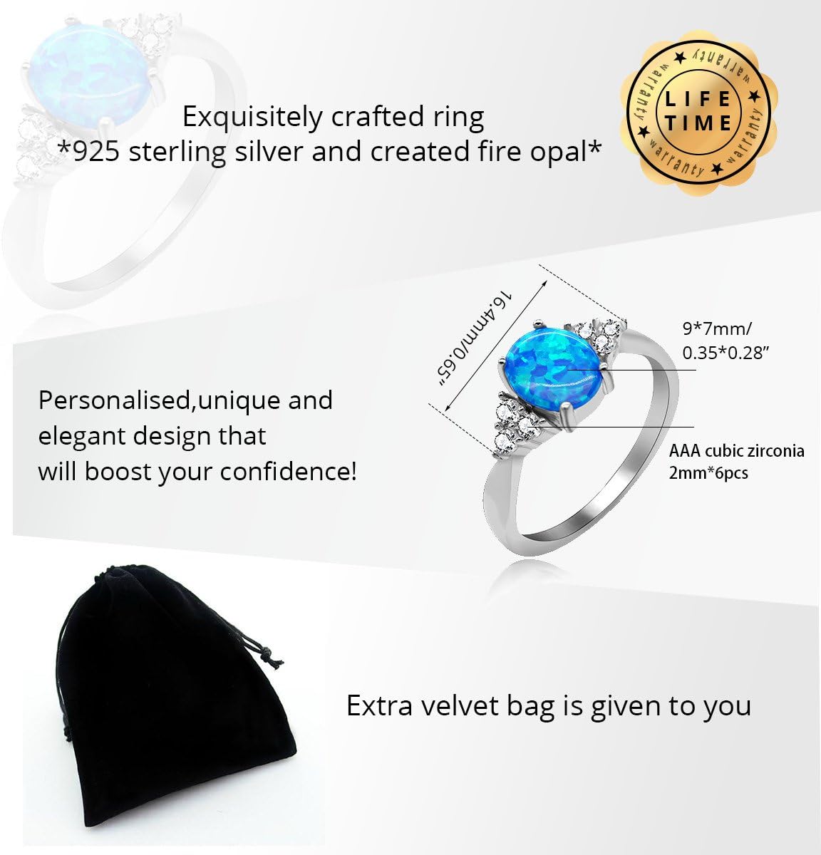 Uloveido 2.96g 925 Sterling Silver Oval Cut Created Blue Fire Opal Birth-Stone Solitaire Wedding Engagement Band Rings for Women Girls (Size J L O Q S T) JZ125