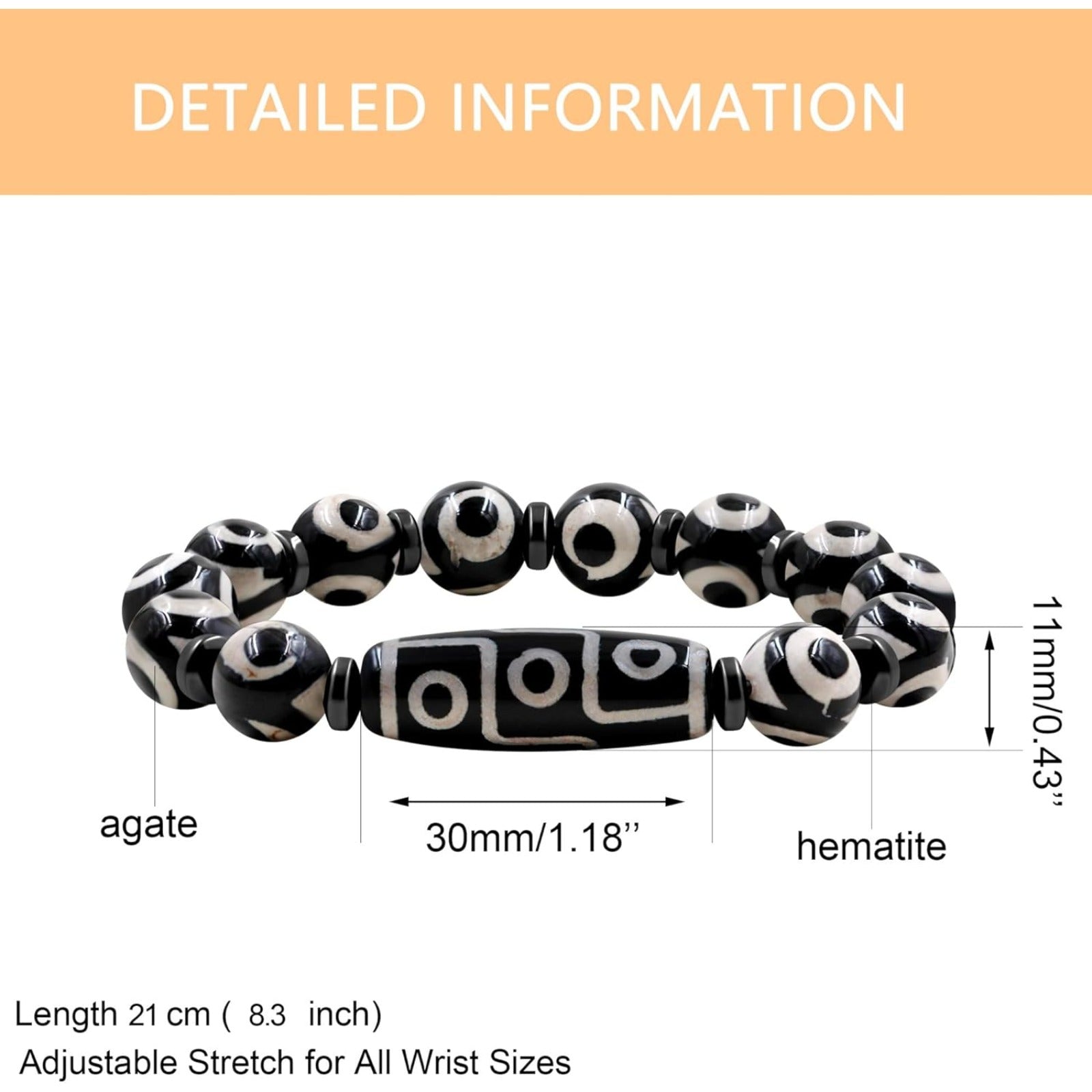 Dzi Bead Tibetan Bracelet for Men Women | Nine Eye Dzi Agate Beaded Bracelet with Hematite Spacers | Feng Shui Buddhist Meditation Amulet Adjustable Style Jewelry Brown Green Black YA5102