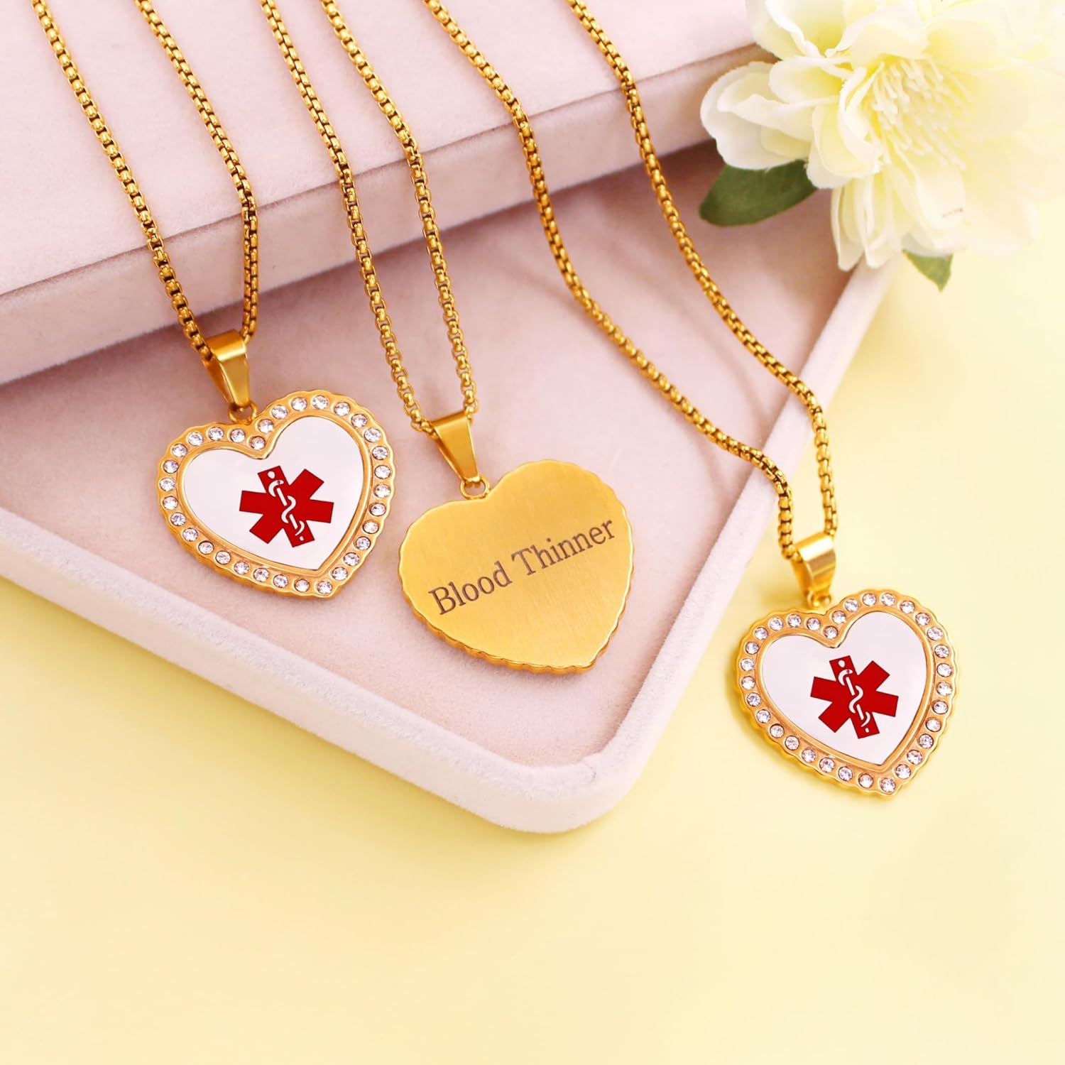 Uloveido Free Engraving Medical Alert Necklace – Heart-Shaped Gold-Plated Pendant with Zircon Accents, Custom Medical ID Jewelry, Allergy-Safe 50cm Chain, Unisex for Seniors, Sports, and Active Lifestyle