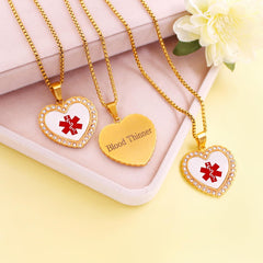 Uloveido Free Engraving Medical Alert Necklace – Heart-Shaped Gold-Plated Pendant with Zircon Accents, Custom Medical ID Jewelry, Allergy-Safe 50cm Chain, Unisex for Seniors, Sports, and Active Lifestyle
