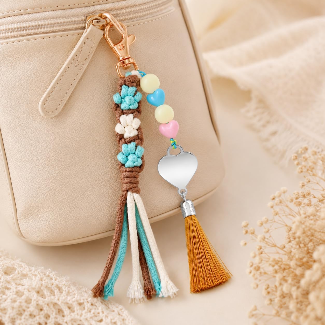 Handmade Flower Tassel Keychain Charm Boho Woven Floral Bag Pendant with Heart Beads for Women