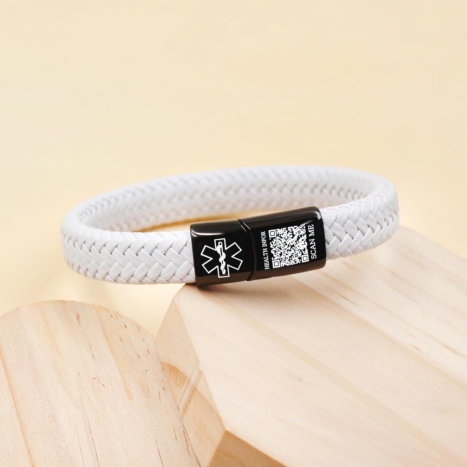Dynamic QR Code Medical Alert Bracelet for Men Women No Medical Info Needed at Checkout PU Leather Emergency ID Cuff Bracelet Black Stainless Steel Clasp Scan to Update Health Info YA5551
