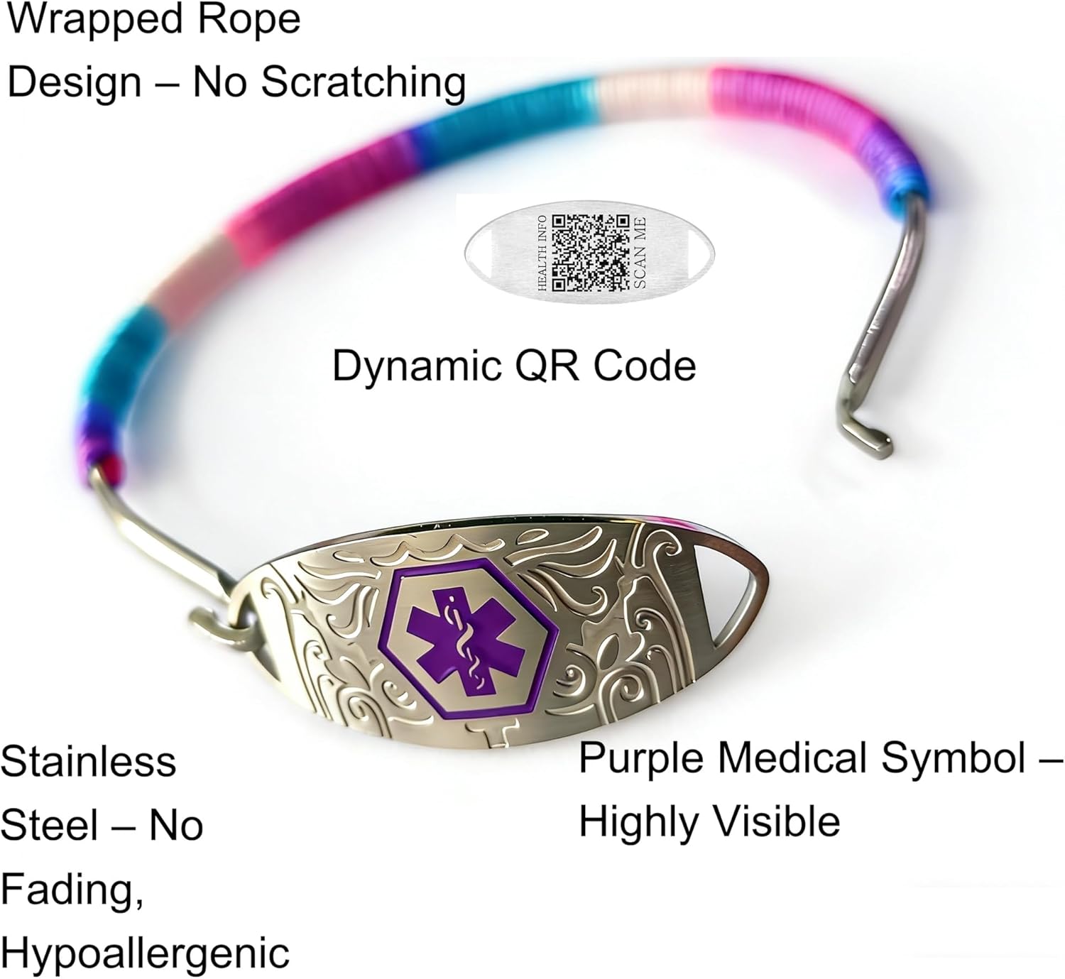 Stainless Steel Medical Alert Bracelet with Purple Symbol, Adjustable Rope Wrapped ID Bracelet, Laser Engraved or Dynamic QR Code, Allergy Emergency Contact Health Information Wristband for Women Men