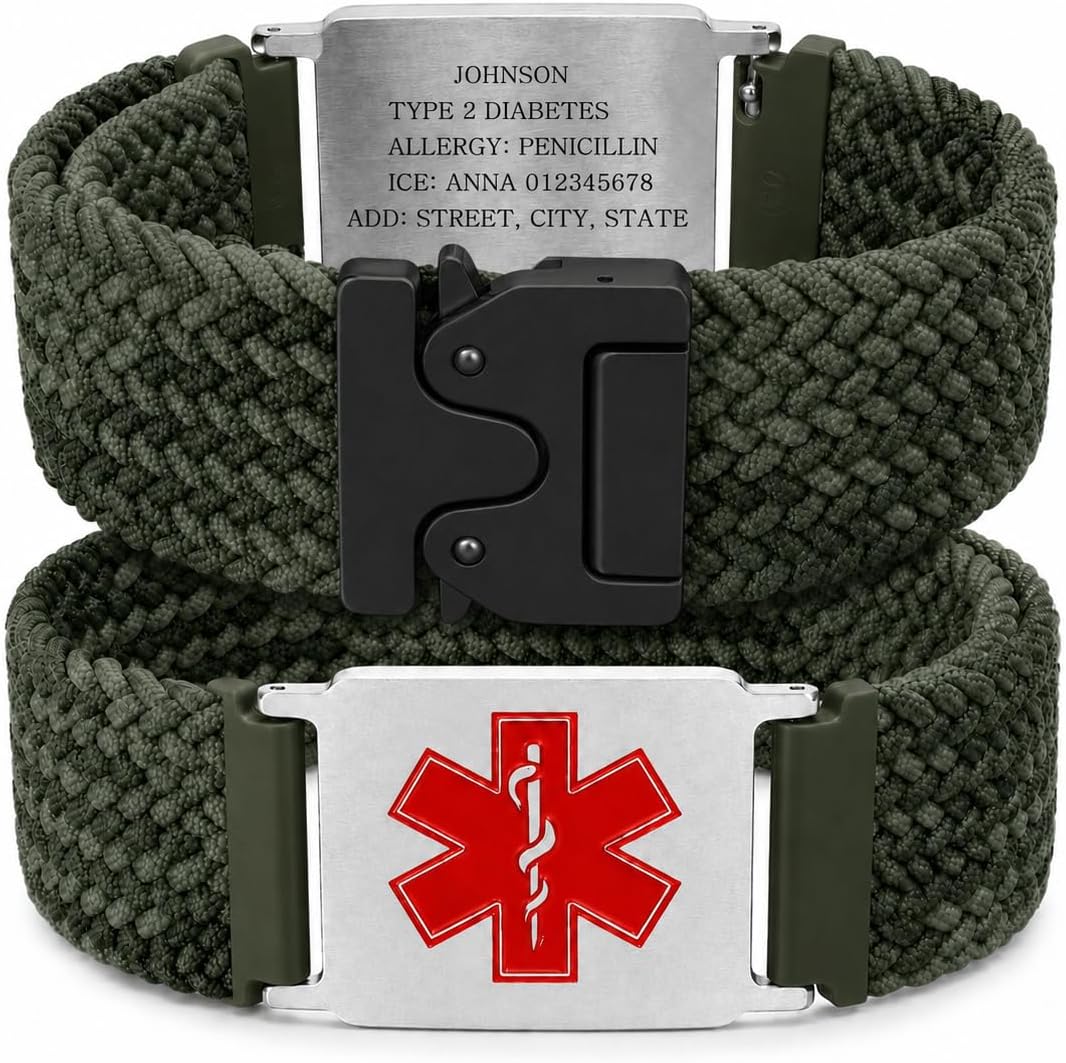 Uloveido Personalized Nylon Medical ID Bracelet with Laser-Engraved Medical Alert Tag and Dynamic QR Code, Braided Elastic Watch Band with Secure Parachute-Style Buckle, 20mm Adjustable for Men