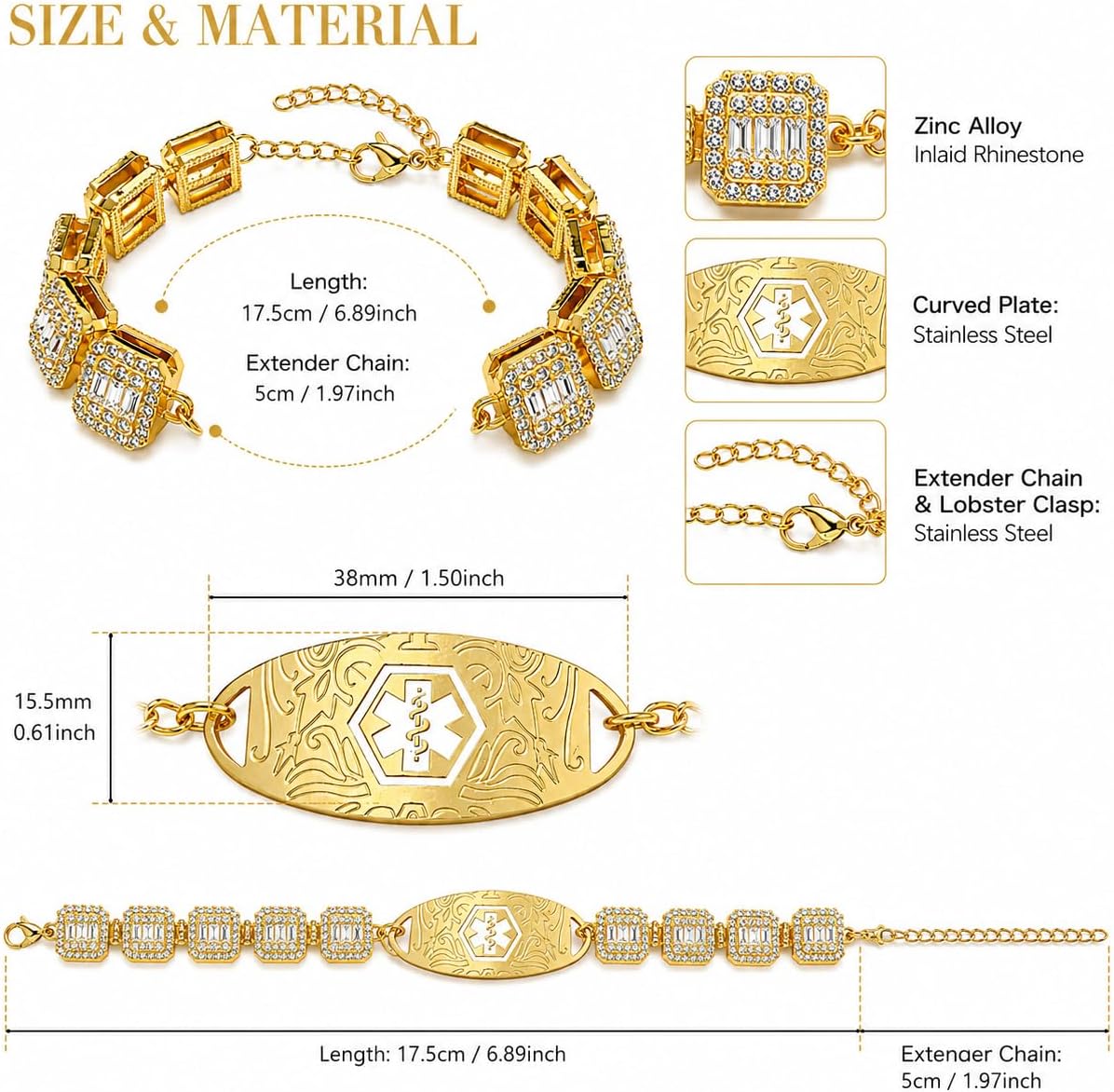 Rhinestone Medical ID Bracelet for Women, Luxury Square Link Chain Bracelet with Stainless Steel ID Plate, Custom Engraving or QR Code Emergency Information Jewelry, Adjustable Safety Bracelet