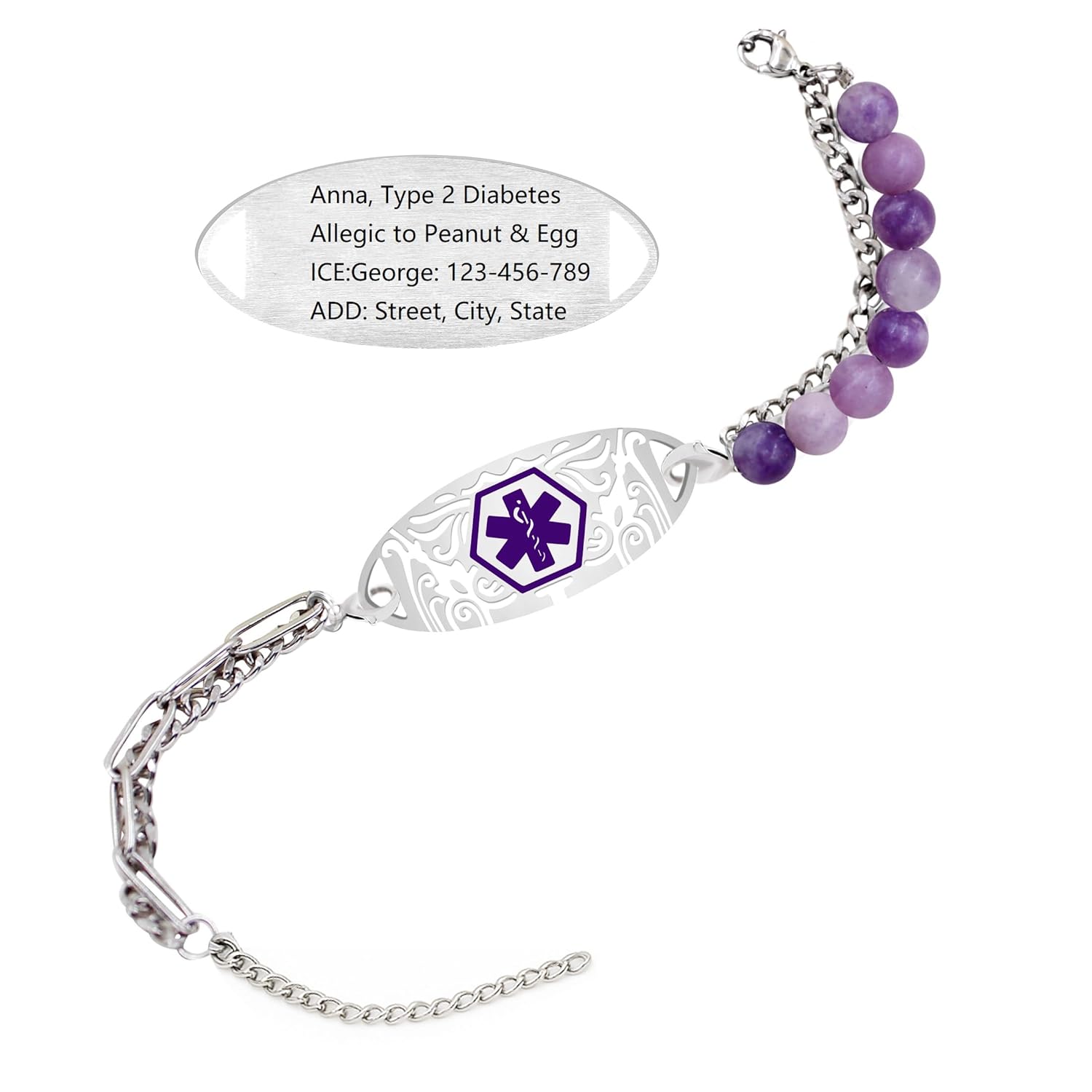Customized Engraving Grey Map Jasper Double-Strand Medical Alert Bracelet | Stainless Steel Interchangeable Lobster Clasp | Caduceus & Star of Life EMS Bracelets for Seniors & Allergies