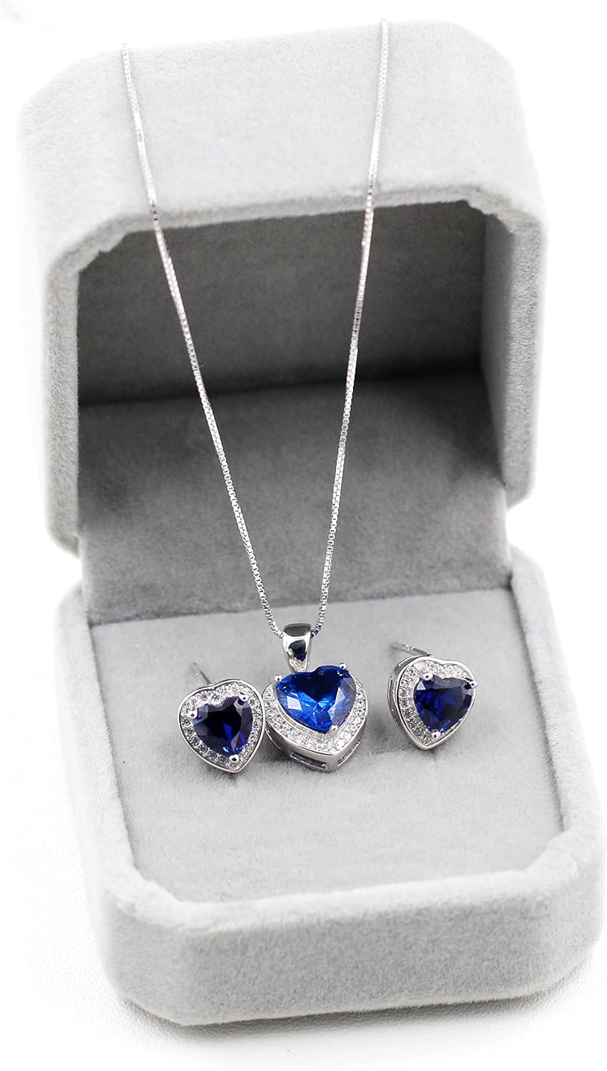 Uloveido 925 Sterling Silver Natural Blue Topaz Corundum Gemstone Pendant Necklace Birthstone Stud Earrings Set for Women Girls FT004