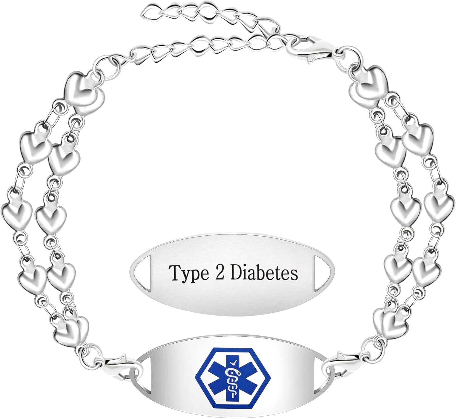 Uloveido Double Love Heart Link Bracelet - Personalized Engraved Medical Alert Jewelry for Blood Disorder, Epilepsy, Diabetes, Asthma, Mental Health, Allergy, and More