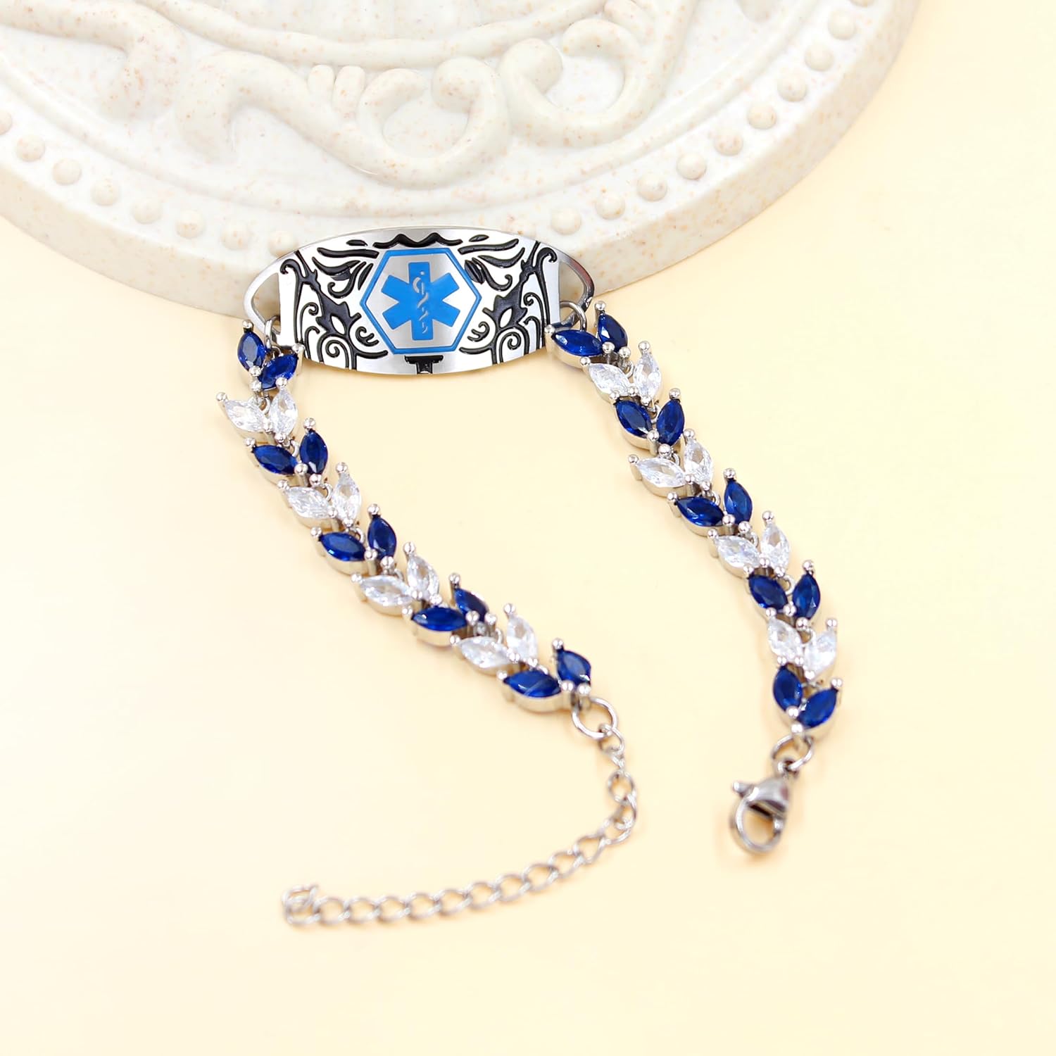 Uloveido Blue & White Leaf CZ Medical Alert Bracelet for Women | Dynamic QR Code or Custom Engraved ID Jewelry | Emergency Contact Allergy Health Info Stainless Steel & Copper Adjustable Wristband