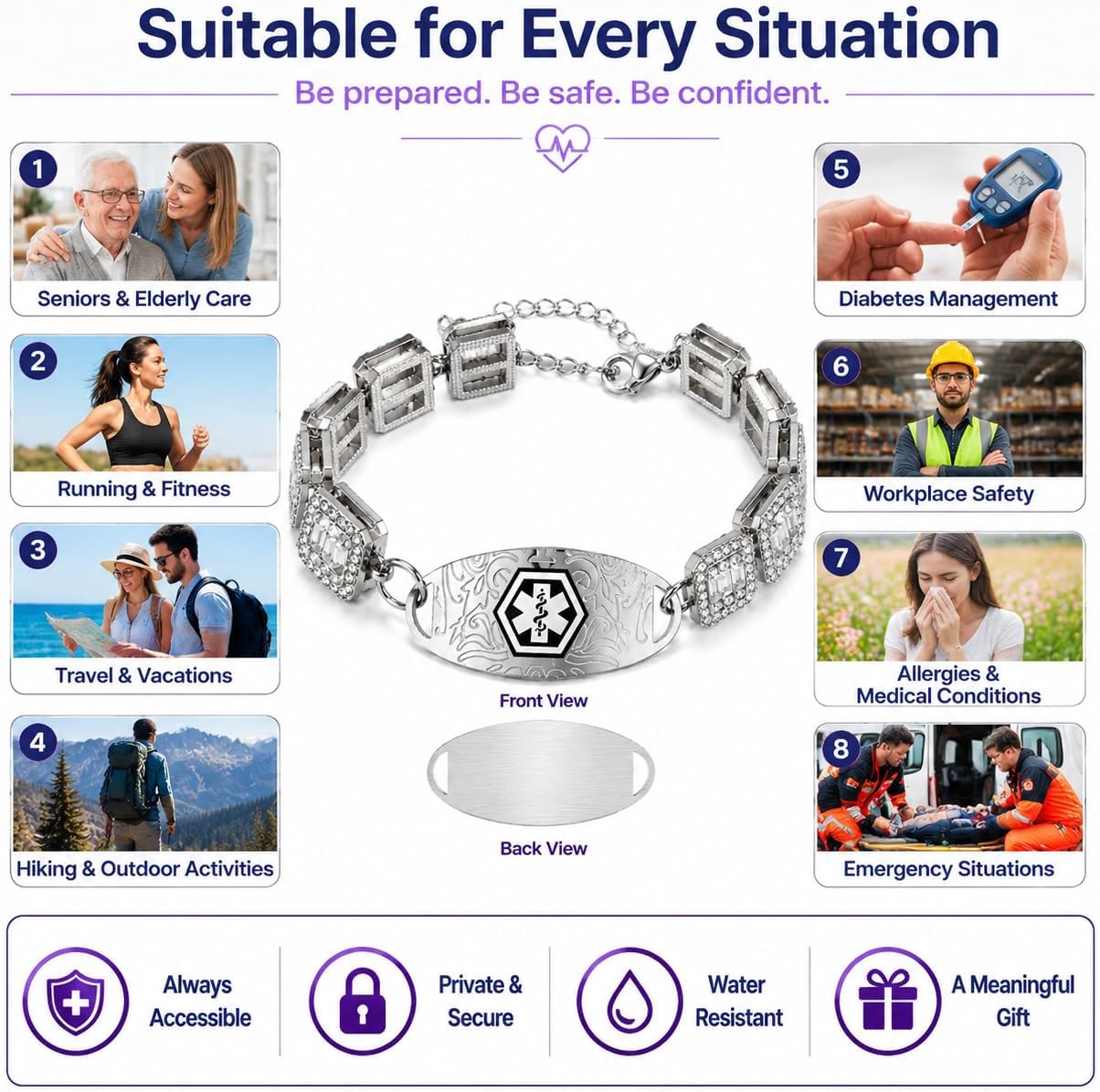Rhinestone Medical ID Bracelet for Women, Luxury Square Link Chain Bracelet with Stainless Steel ID Plate, Custom Engraving or QR Code Emergency Information Jewelry, Adjustable Safety Bracelet