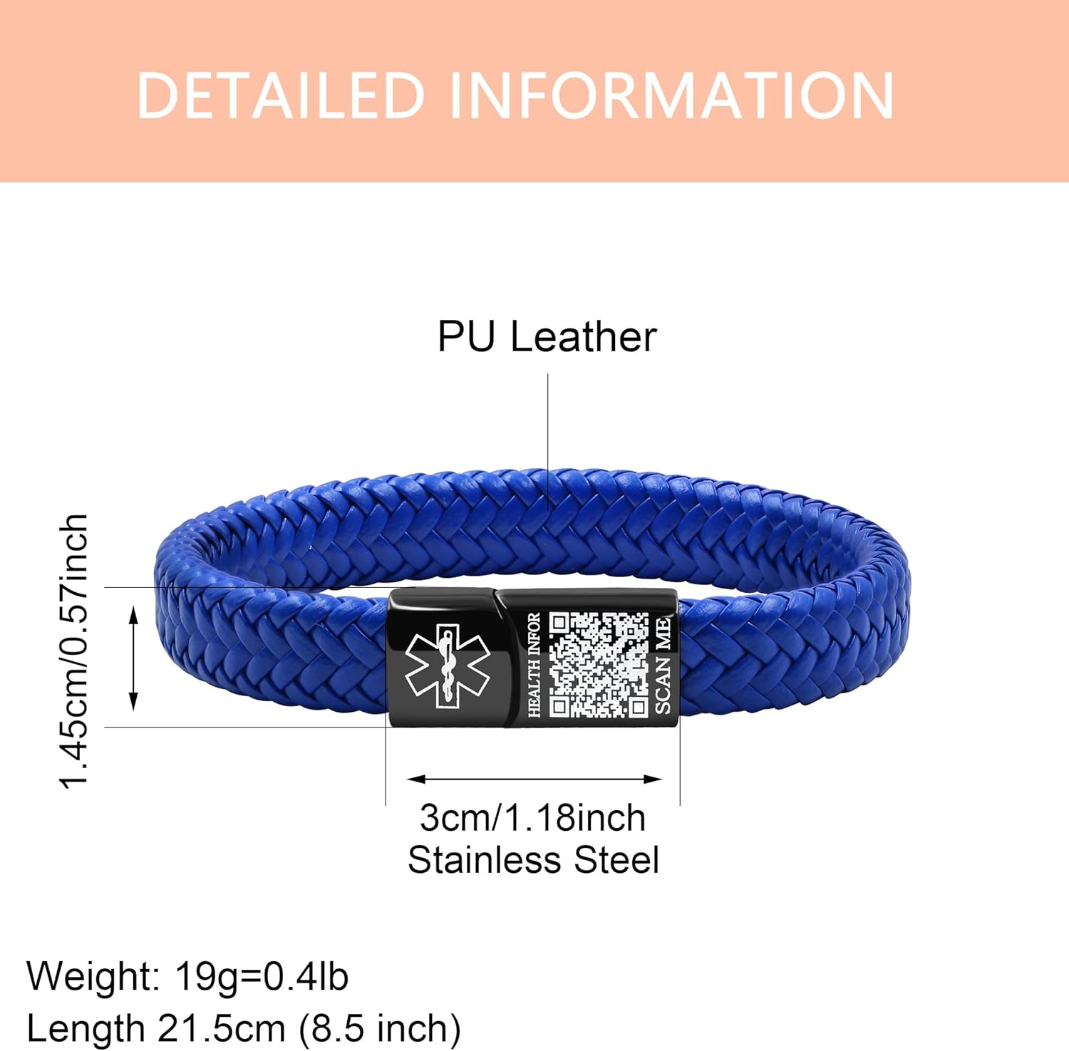 Dynamic QR Code Medical Alert Bracelet for Men Women No Medical Info Needed at Checkout PU Leather Emergency ID Cuff Bracelet Black Stainless Steel Clasp Scan to Update Health Info YA5551