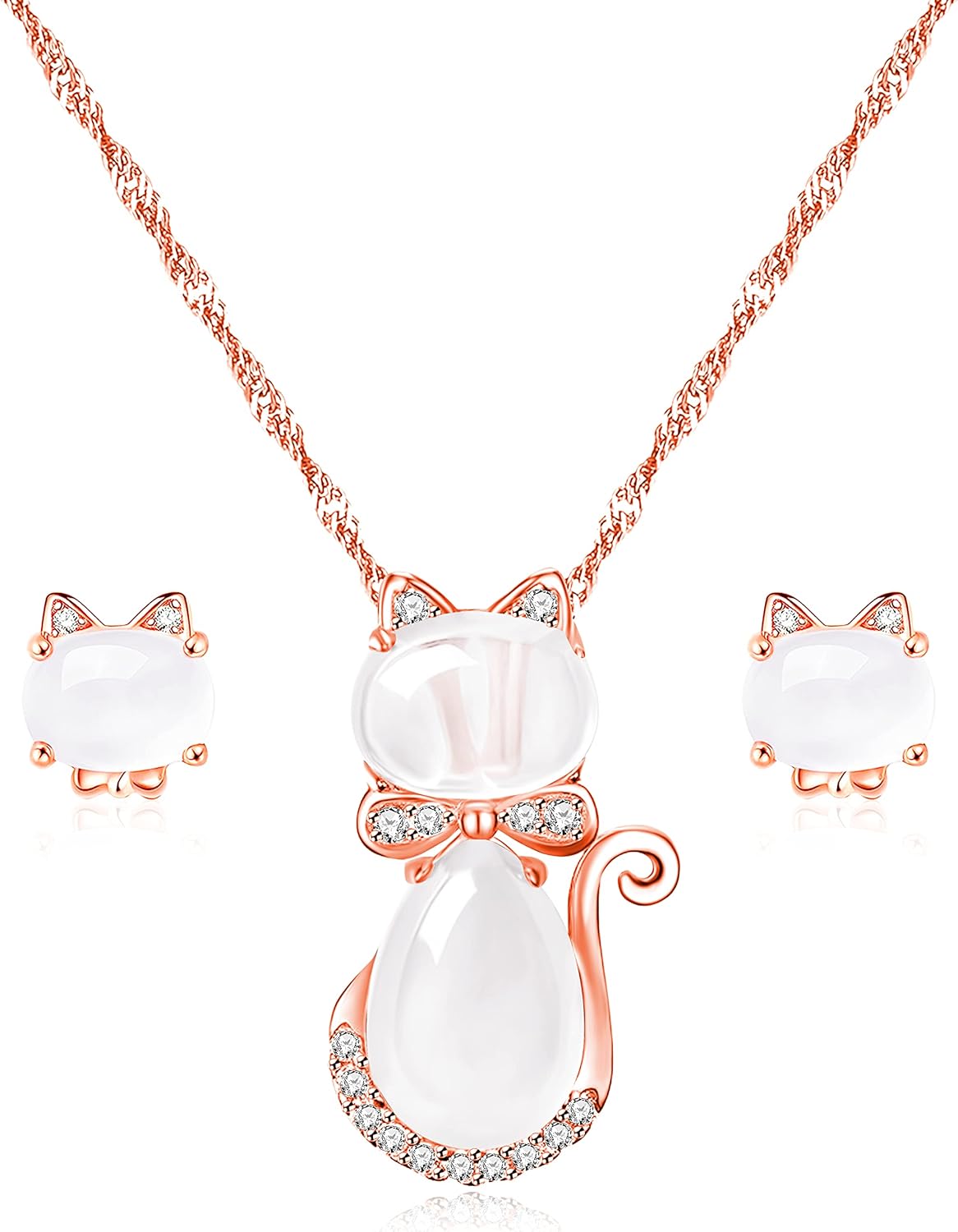 Cat Eye Stone Cat Jewelry Set – Necklace & Stud Earrings Jewelry Set for Women