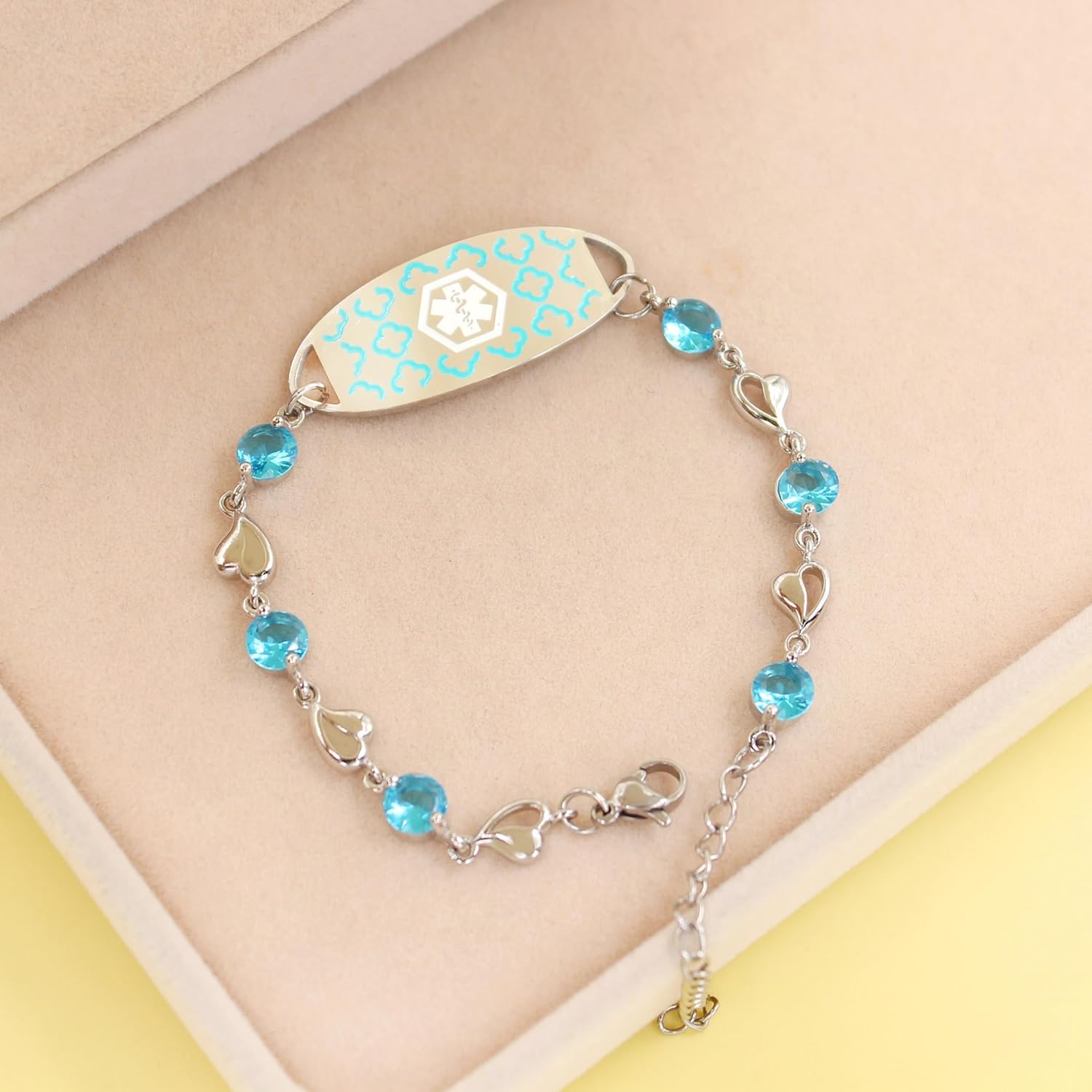 Uloveido Custom Medical ID Bracelet with Blue Cubic Zirconia | Elegant Floral Enamel Design | Adjustable QR Code & Engraved Emergency Contact Bracelet for Women and Travelers