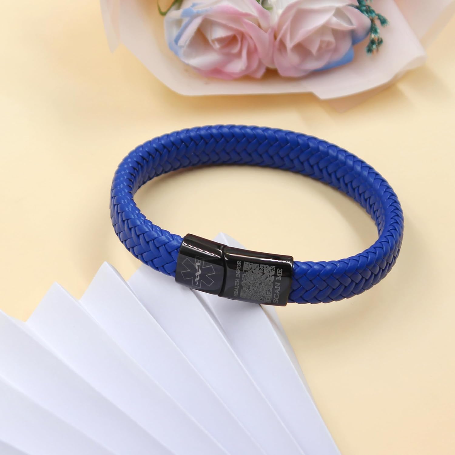 Dynamic QR Code Medical Alert Bracelet for Men Women No Medical Info Needed at Checkout PU Leather Emergency ID Cuff Bracelet Black Stainless Steel Clasp Scan to Update Health Info YA5551