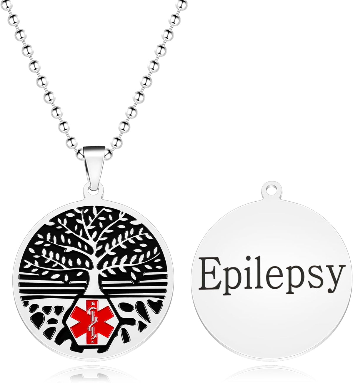 Uloveido Red Medical Symbol ID Necklace, Custom Emergency Info Pendant, Stainless Steel Life Tree Medical Jewelry