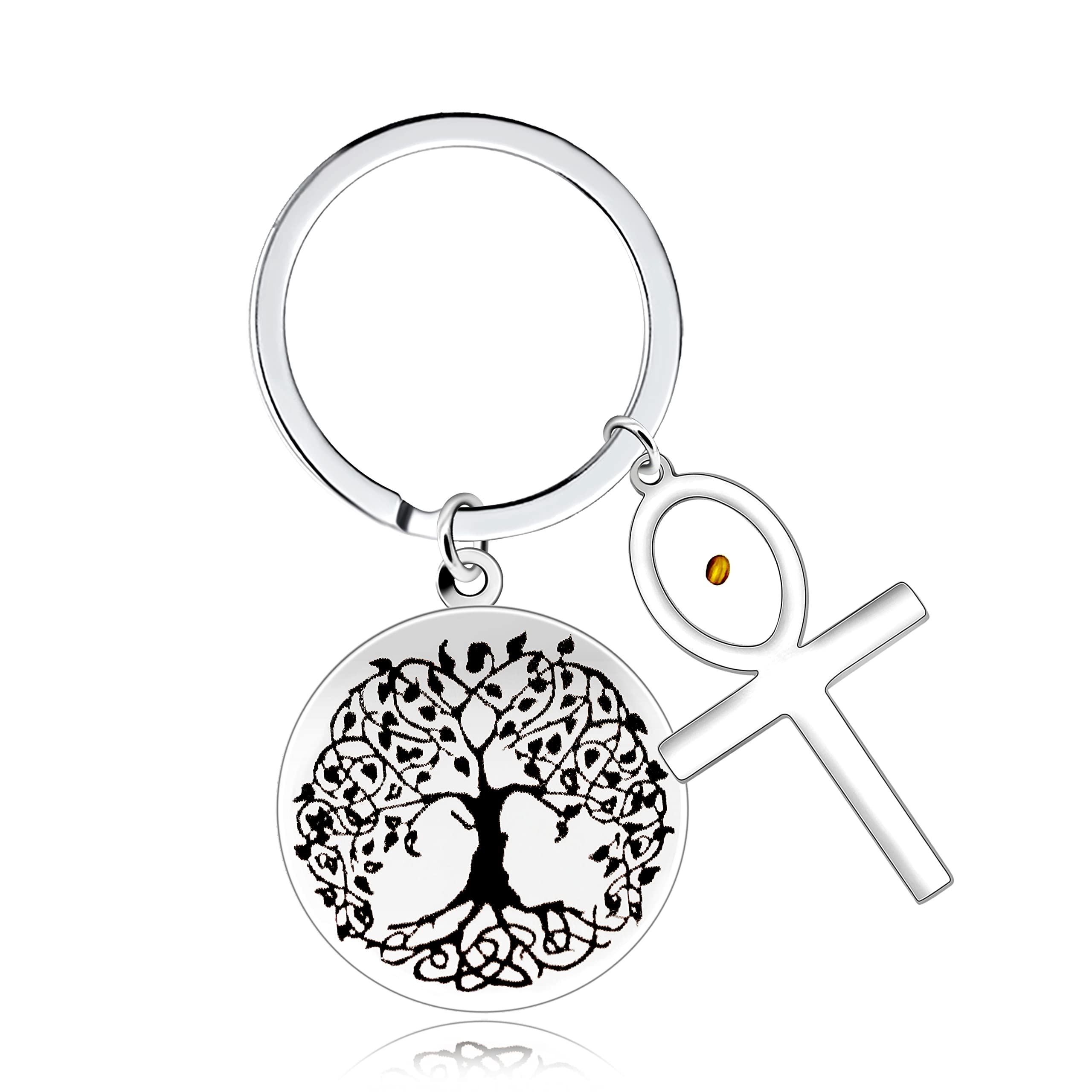 Stainless Steel Tree of Life Mustard Seed Keychain, Christian Faith Key Ring with Real Mustard Seed Charm, Inspirational Family Tree Keychain Gift for Women Men Y764