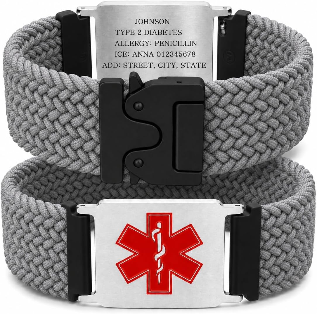 Uloveido Personalized Nylon Medical ID Bracelet with Laser-Engraved Medical Alert Tag and Dynamic QR Code, Braided Elastic Watch Band with Secure Parachute-Style Buckle, 20mm Adjustable for Men
