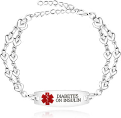 Uloveido Heart Medical ID Bracelet for Women, Double Chain Stainless Steel Emergency Info Wristband, Dynamic QR Code or Personalized Engraving, Adjustable Safety Jewelry for Daily Wear