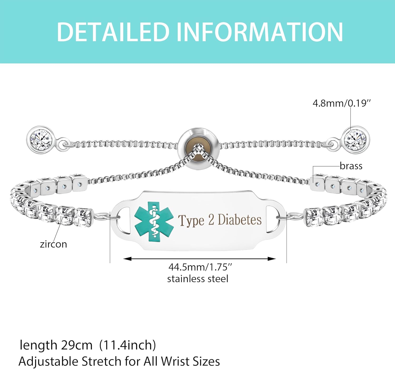 Uloveido Custom Engraved Medical Alert Bracelet | Personalized Stainless Steel CZ Tennis Chain ID Tag | Adjustable Emergency Jewelry for Women
