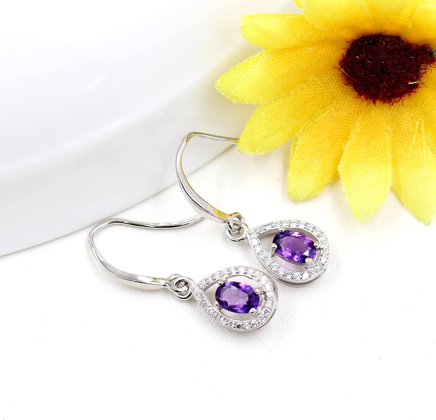 925 Sterling Silver Natural Amethyst Teardrop Earrings Purple Crystal Earring Dangle Birthstone FR027 (Amethyst)