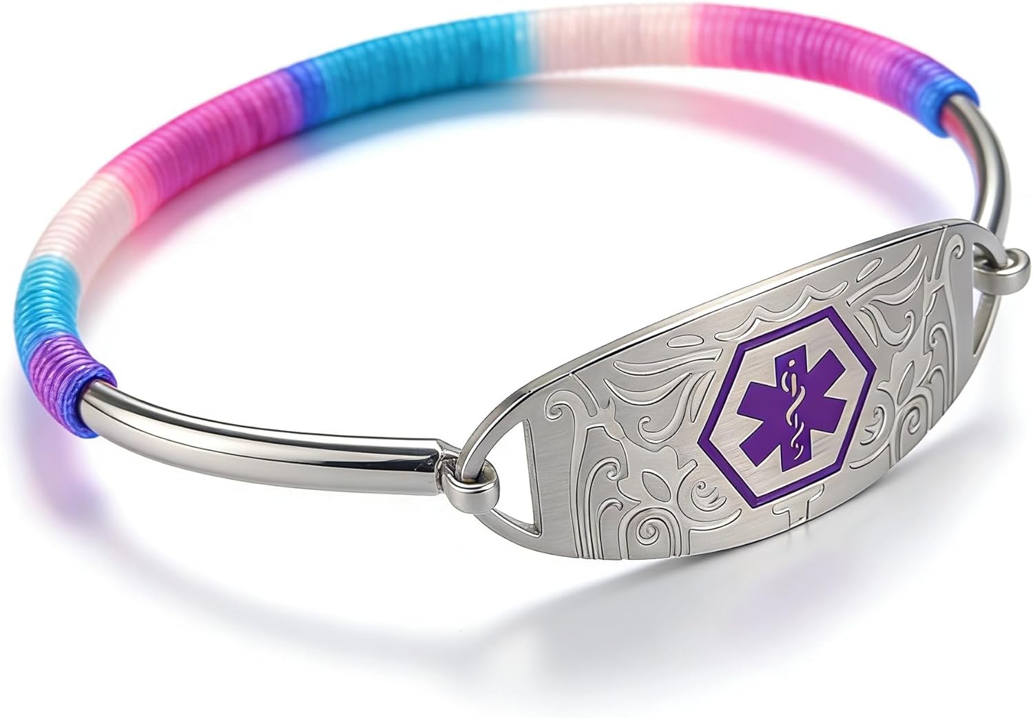 Stainless Steel Medical Alert Bracelet with Purple Symbol, Adjustable Rope Wrapped ID Bracelet, Laser Engraved or Dynamic QR Code, Allergy Emergency Contact Health Information Wristband for Women Men