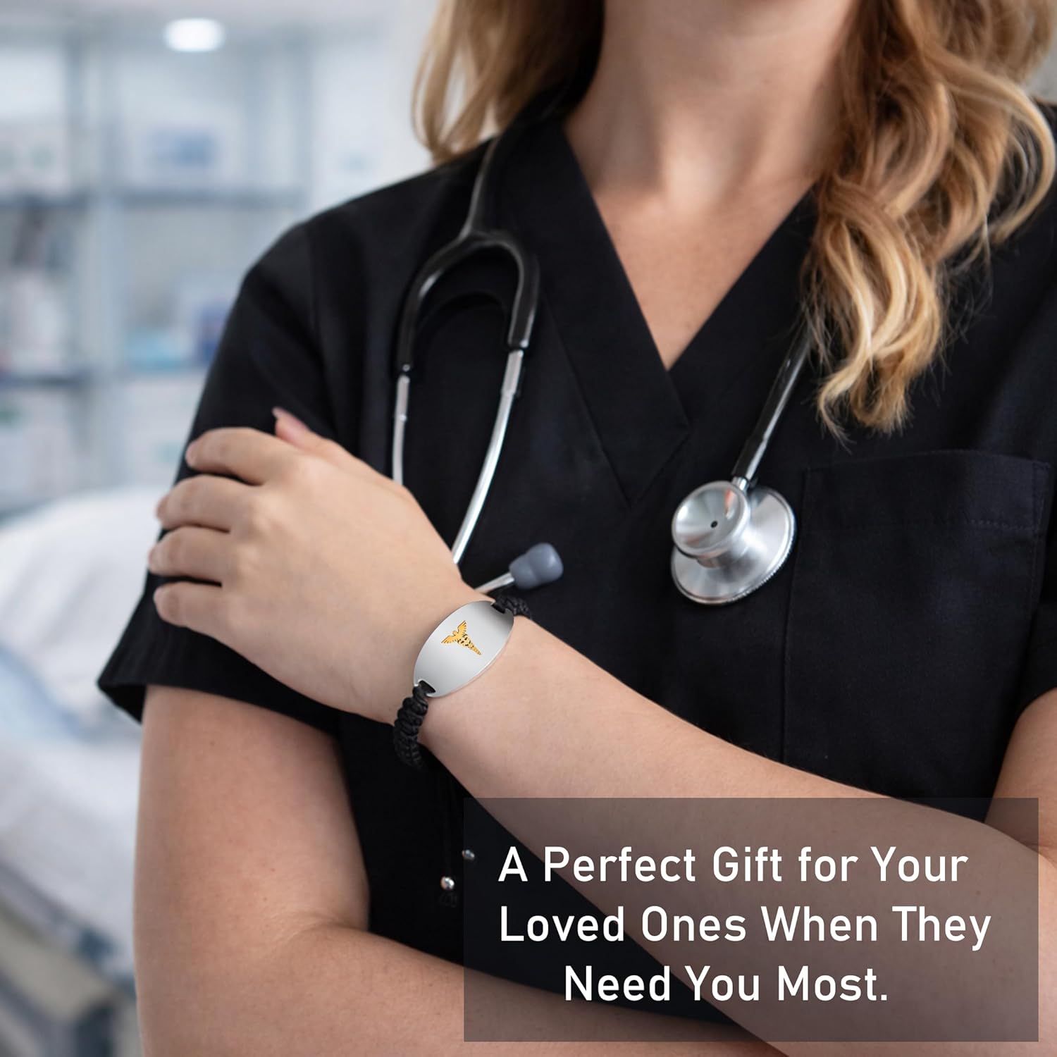 Uloveido Medical Alert Bracelet with Dynamic QR Code and Text Engraving Stainless Steel ID Plate with Floating Golden Caduceus Adjustable Black Braided Rope Emergency Medical ID for Men Women